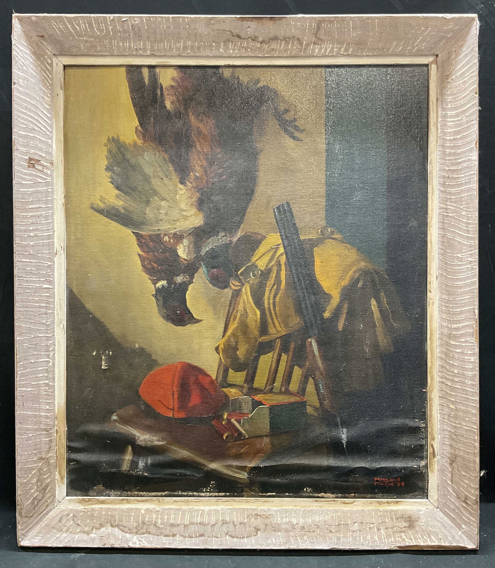 Signed Margaret Moore Game Birds Oil Painting: Framed oil on canvas painting. Signed lower right, Margaret Moore, 1954. Still life with game birds and gun. Grey wood frame. Not examined out of frame. Frame measures approx 28 x 24.5 inches. Wear in