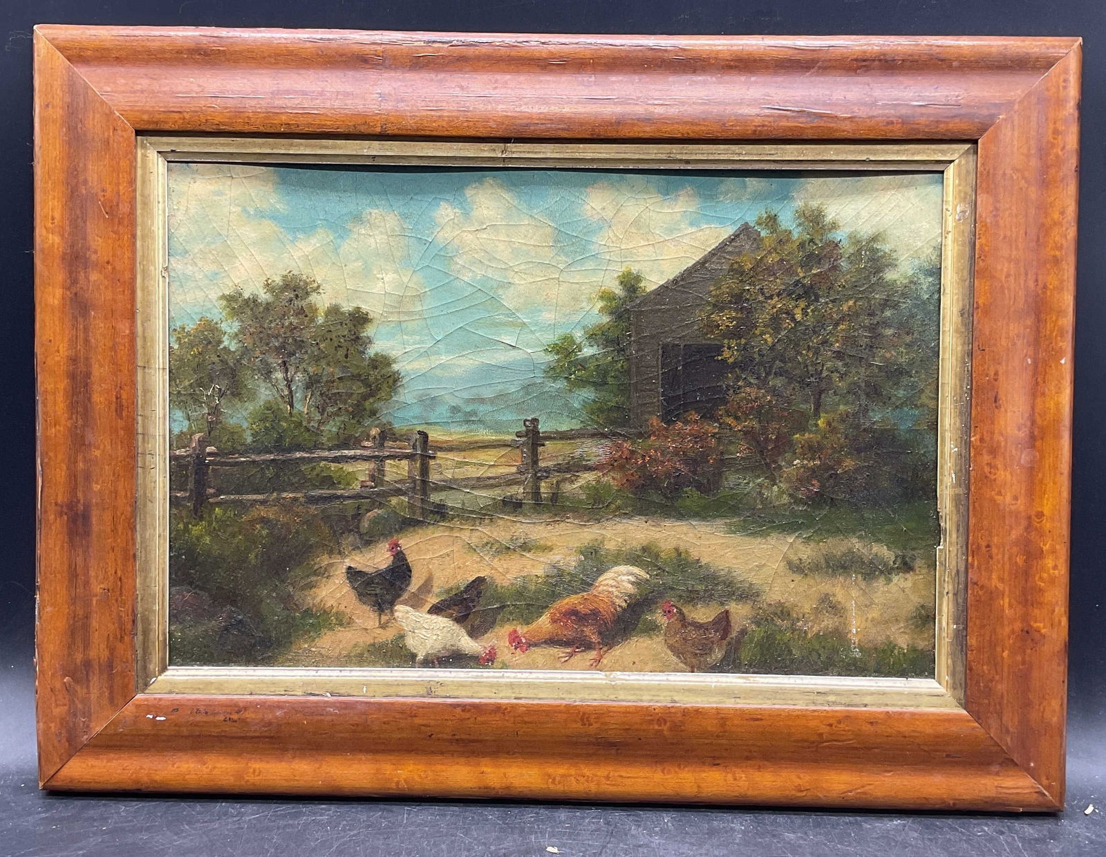 Framed Pastoral Farm Chickens Oil Painting (1 of 6)
