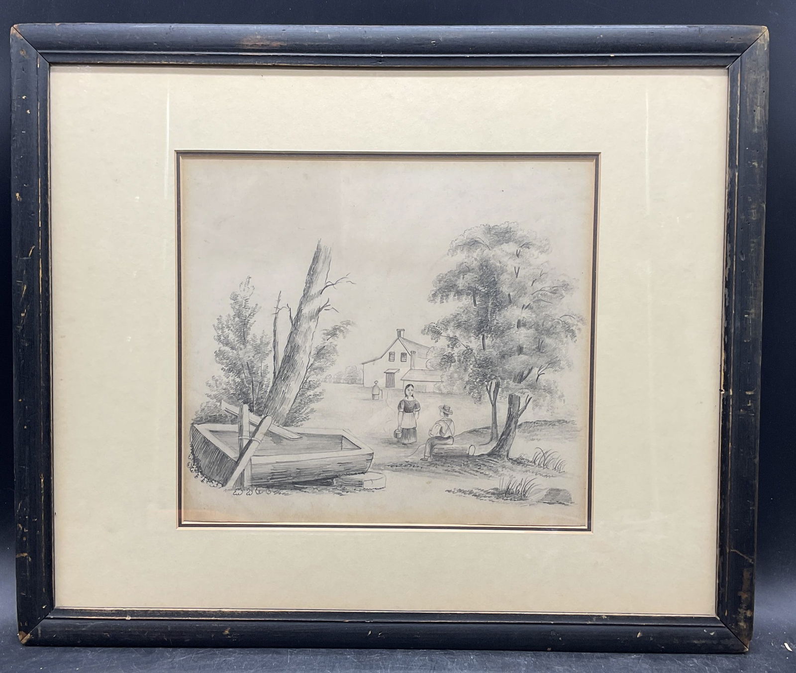 Framed Antique Pastoral Figure Scene Drawing (1 of 6)