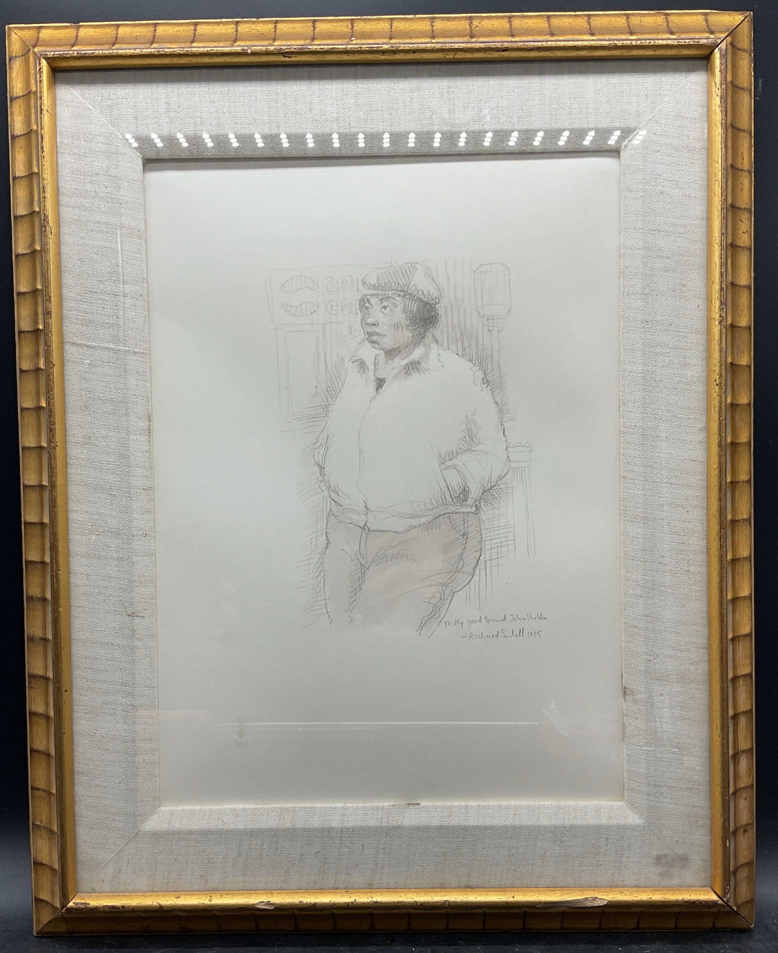 Framed Signed Richard Pantell Figure Drawing 1985: Framed and matted graphite drawing on paper. Signed and inscribed lower right, To my good friend John Sheldon, Richard Pantell 1985. Fire smoking cigarette with city background. Gilt wood frame. Not e