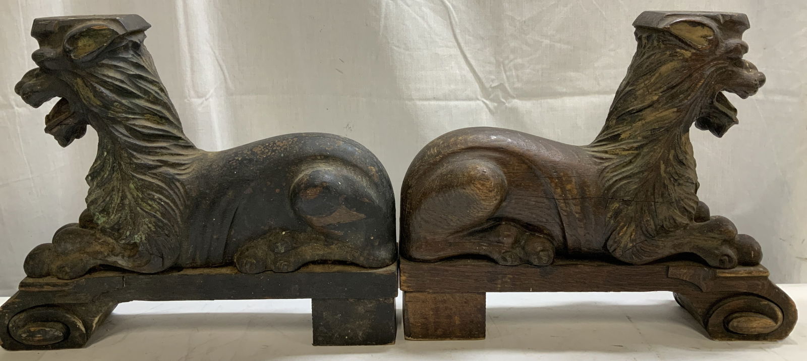 Pair Antique Asian Carved Wooden Temple Lions (1 of 8)