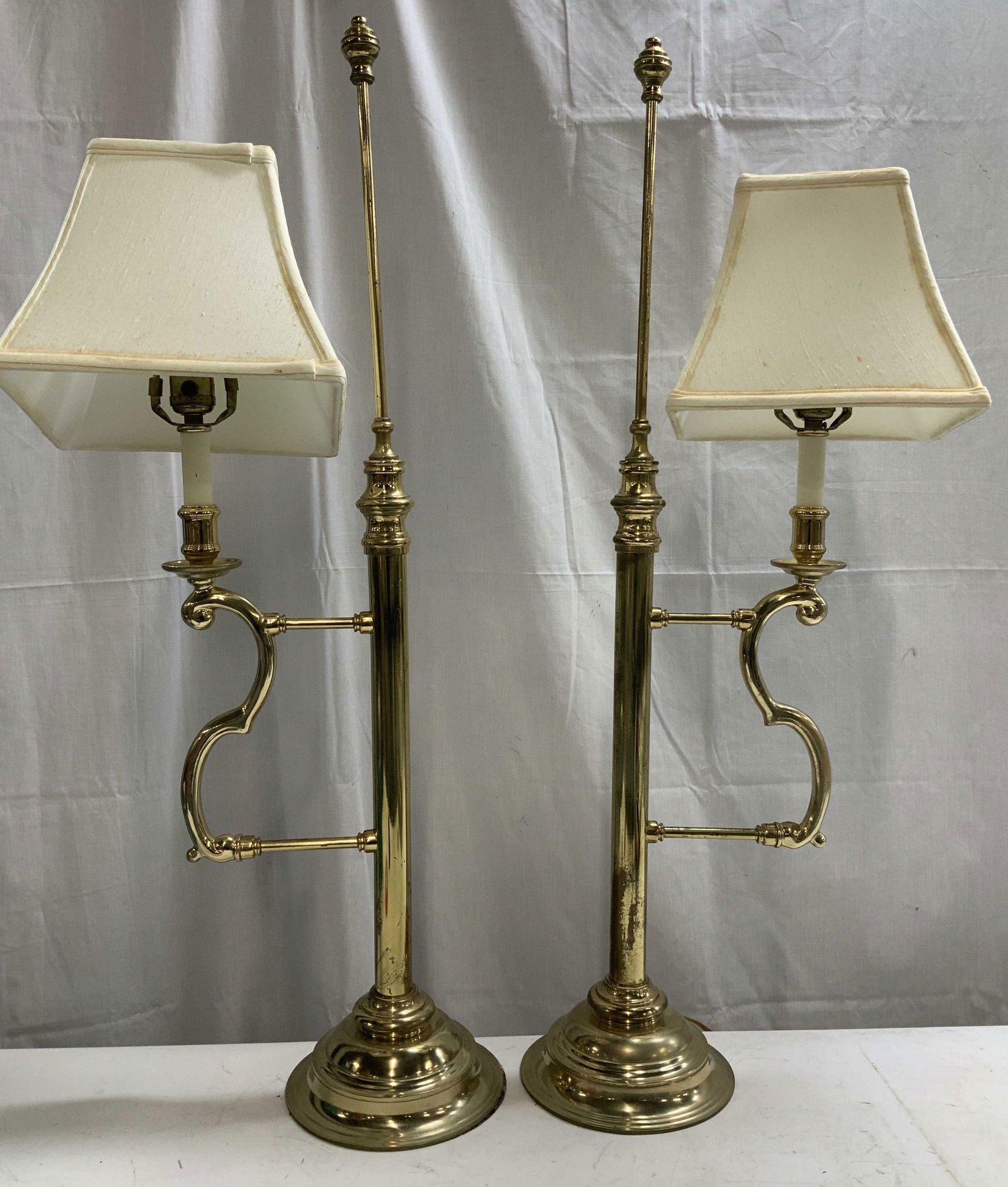 Pair Vtg Brass Table Lamps W Curved Arm Style 34in (1 of 6)