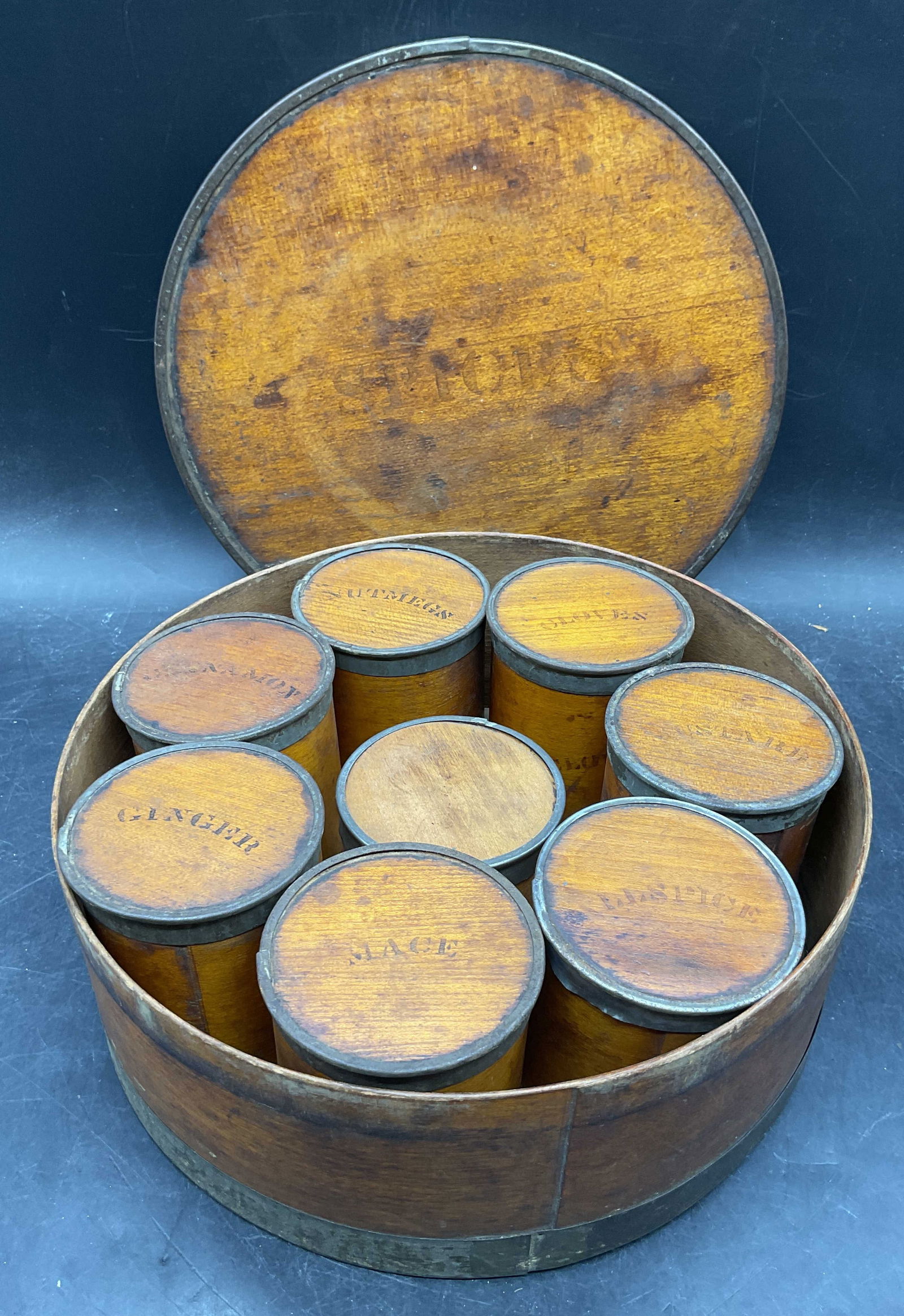 Antique Wood & Metal Spice Box w Canisters (1 of 10)