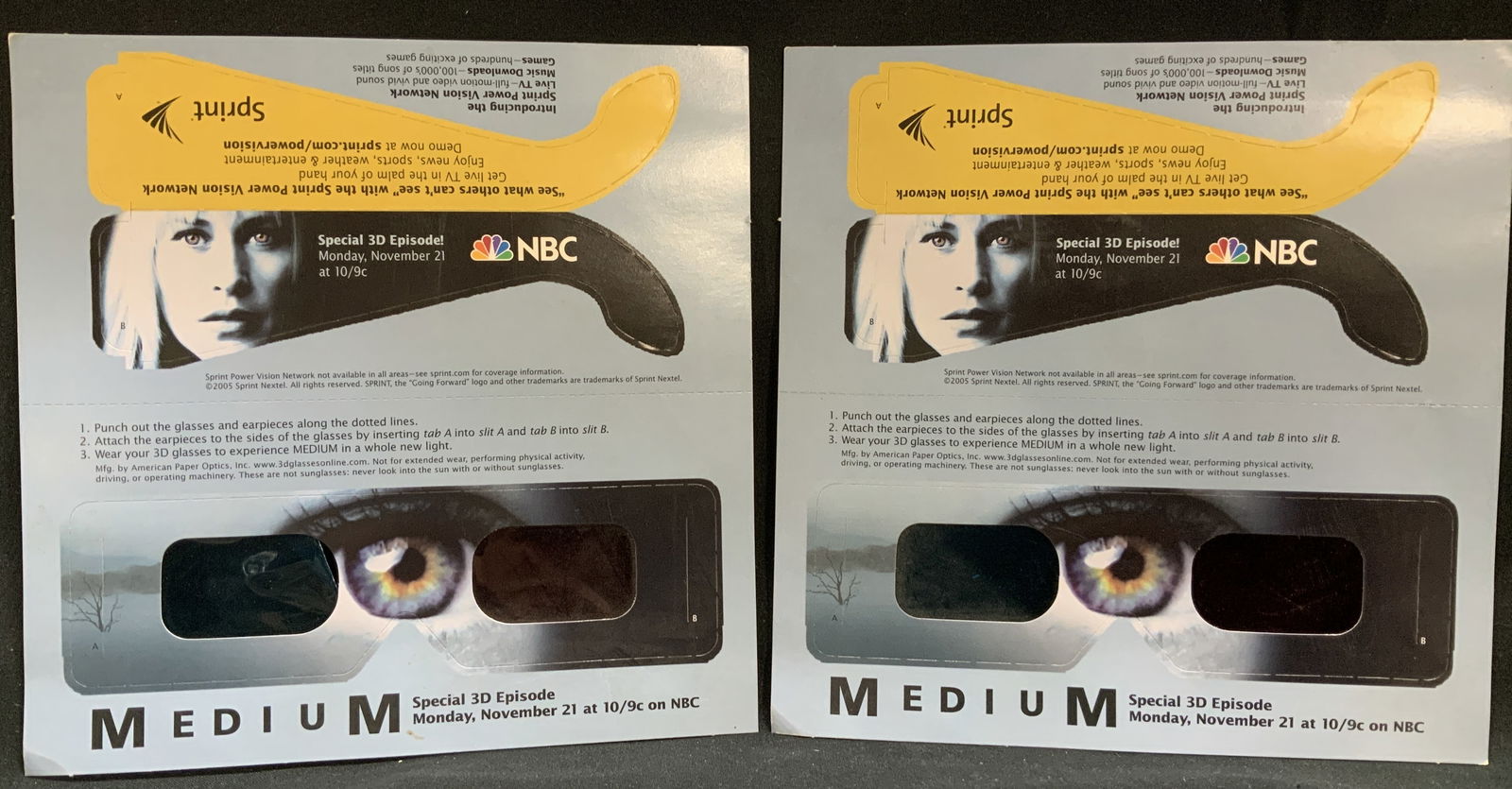 Lot 2 Medium 2005 NBC Tv Series Cards W 3D Glasses: Lot 2, promotional cards for the NBC TV series Medium featuring punch-out 3D glasses. Cards advertises a Special 3D Episode! of Medium airing on Monday, November 21, at 10/9c on NBC. Signed & marked.