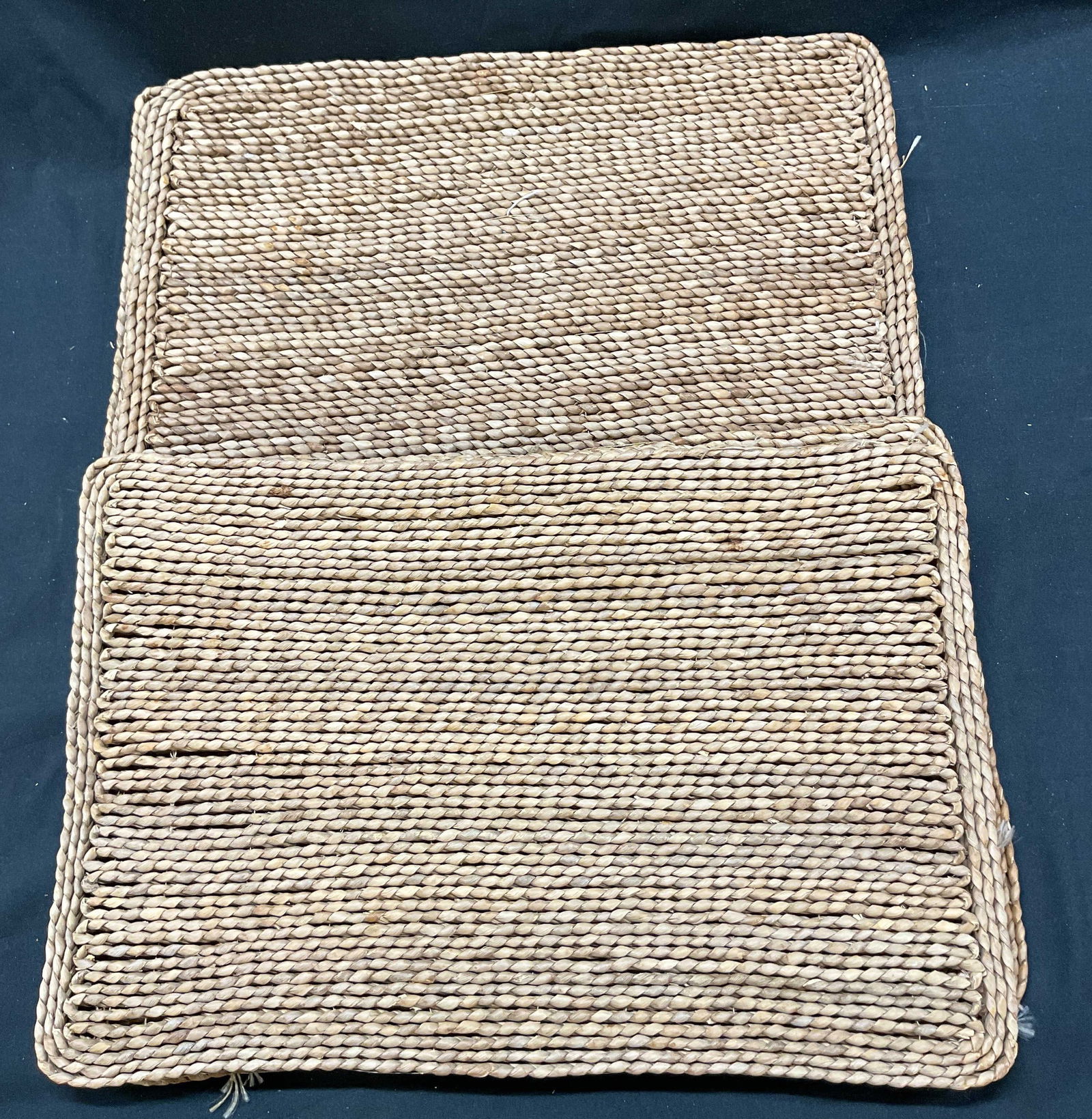 Set 6 Vintage Brown Hand Woven Placemats: Set of 6 vintage brown hand woven placemats. Braided pattern. Thick decorative border. Rectangular shaped. Tan brown color. Measures approx 11 x 17 1/2 inches. Some slight fraying. Placemats, hand wov