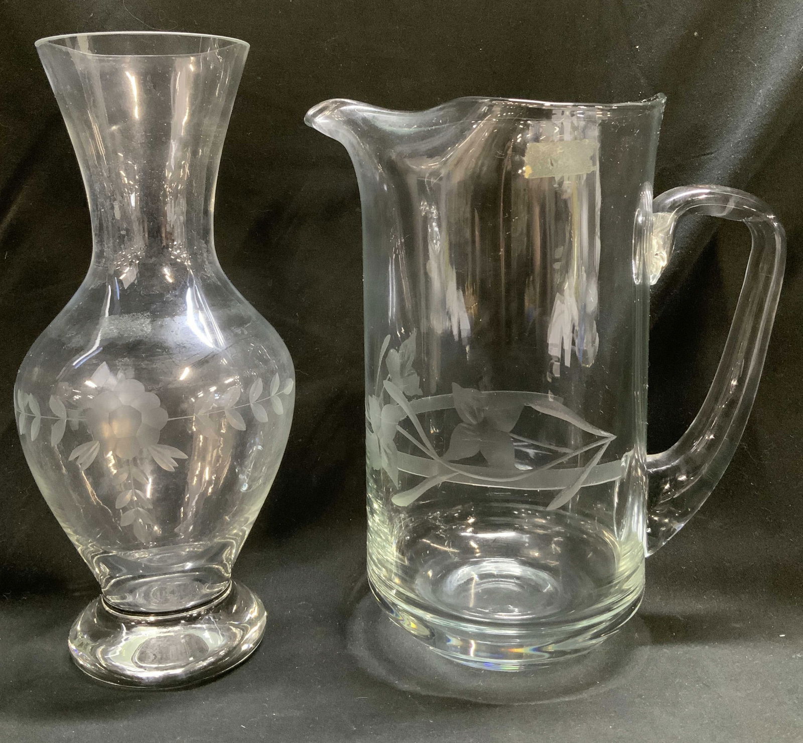 Lot 2 Vtg Etched Floral Glass Pitcher & Vase (1 of 9)