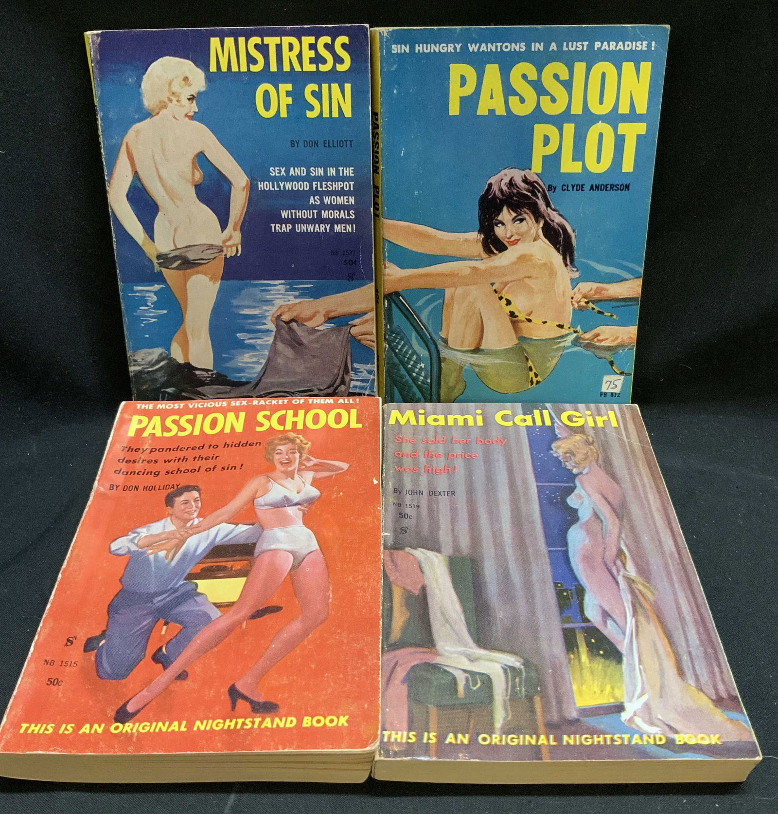 Lot 4 Pulp Fiction Erotica 1960s Books ELLIOTT+: Lot includes, Mistress of Sin by Don Elliott (1960), Passion Plot by Clyde Anderson (1963), Passion School by Don Holliday (1960) & Miami Call Girl by John Dexter (1960). Front cover features illustra