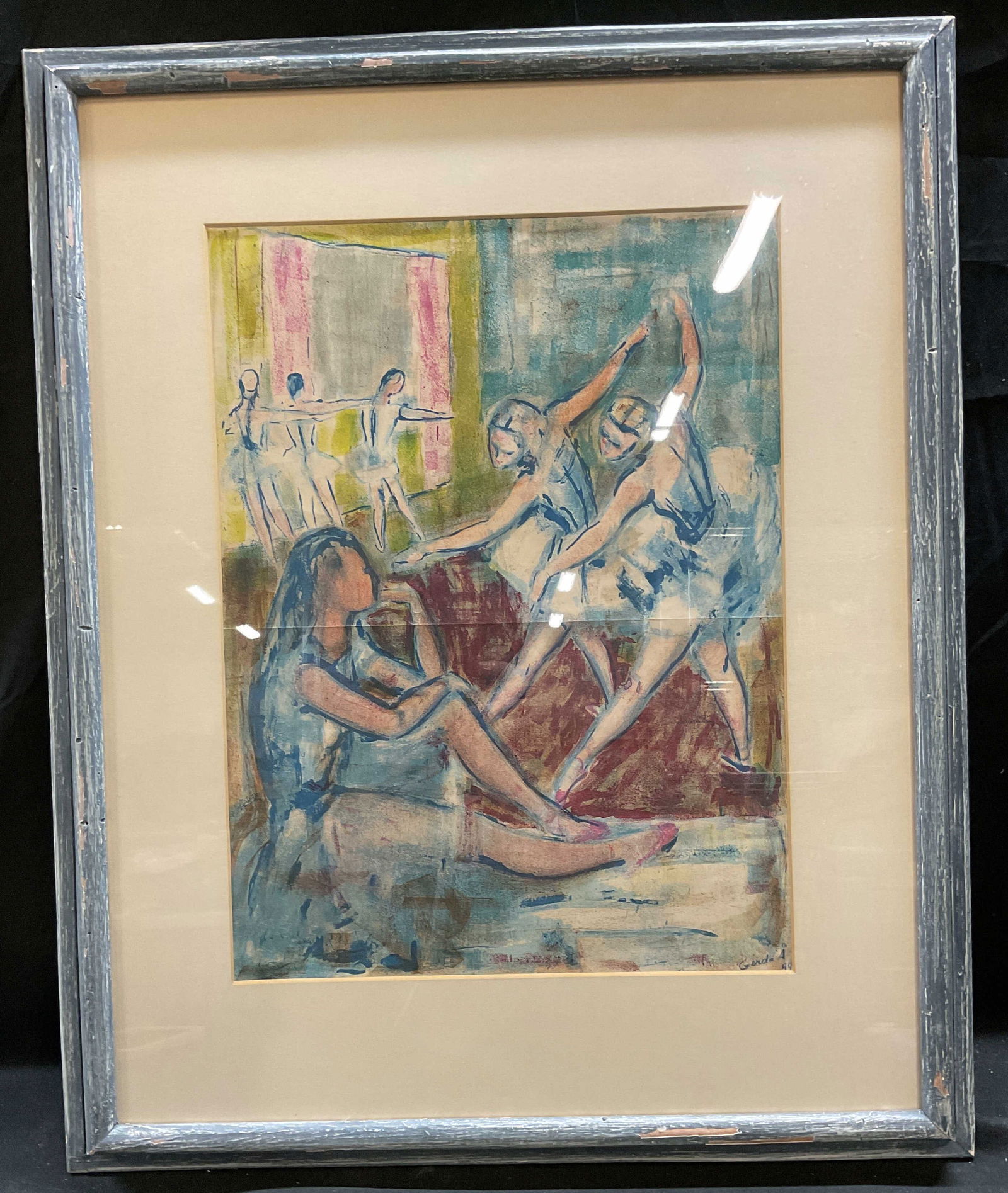 Framed Gerda Ballet Dancers Lithograph 26.5in: Framed and matted lithograph on paper. Signature in print, partially legible, Gerda. Group of ballet dancers. Blue wood frame. Not examined out of frame. Frame measures approx 26.5 x 21.5 inches. Some
