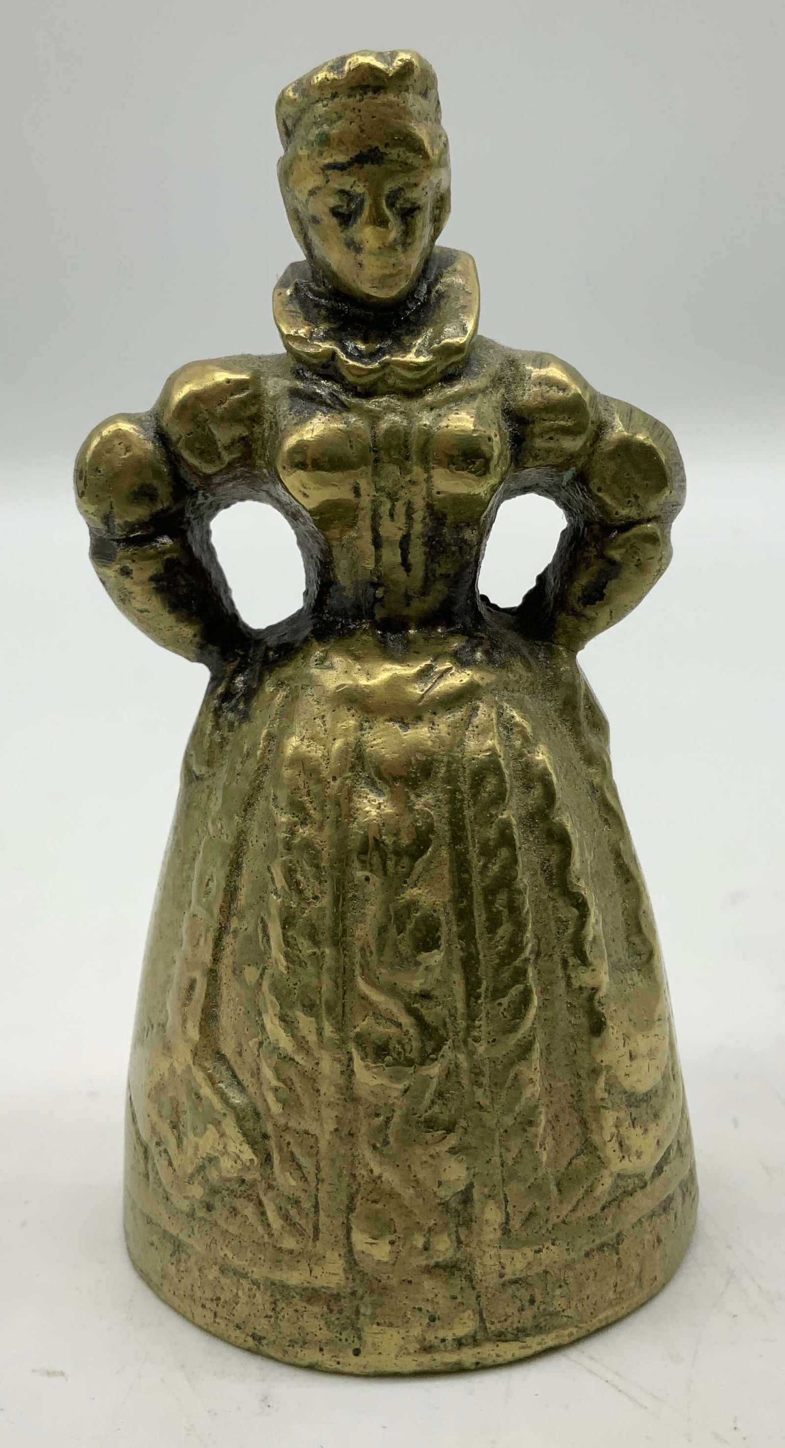 Vntg Solid Brass Victorian Lady Figural Bell: Vintage solid brass Victorian lady figural bell features puffed sleeves & a high collar. Intricate detailing on dress. Property of opera singers estate from the renowned & opulent Manhattan landmark.