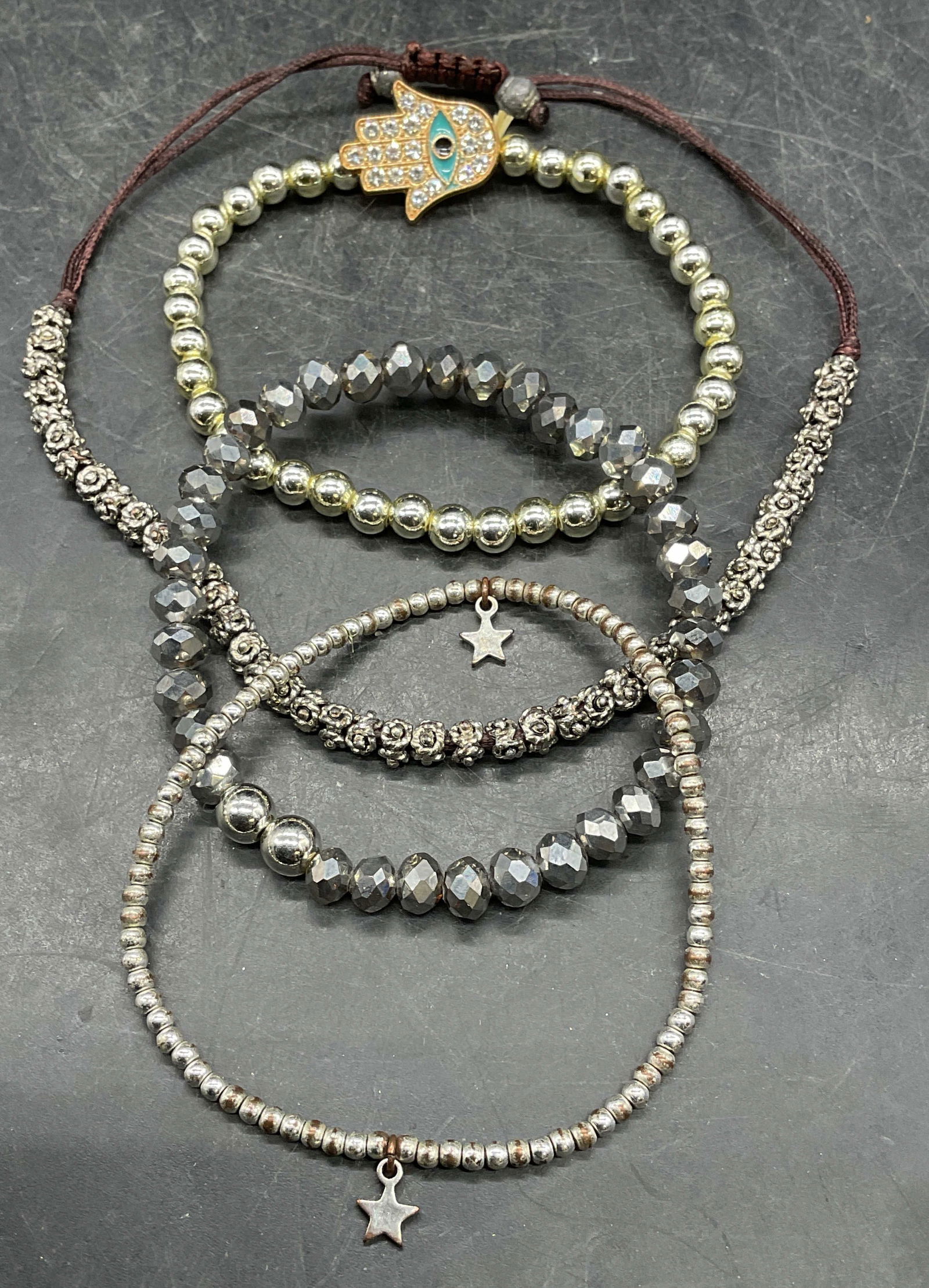 Lot 4 Silver Tone & Crystal Beaded Bracelets (1 of 6)