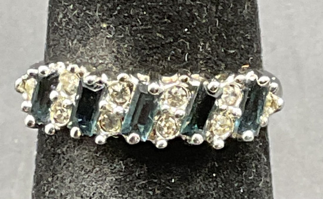 Joseph Esposito 14k Gold Pl Crystal Ring: Signed Joseph Esposito 14k white gold plated ring with blue crystals. Ring size 5.25. Some scratching. Jewelry, estate jewelry, costume jewelry, cocktail jewelry, fashion jewelry, accessories, fashion