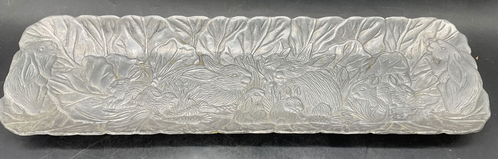 Pewter Rabbit Serving Tray: Pewter rabbit motif serving tray. Measures approx 18 x 5.5 inches. Some scratching. Rabbit tray, pewter tray, serving tray, tableware, table accessories, homewares, home accessories, 10 cs