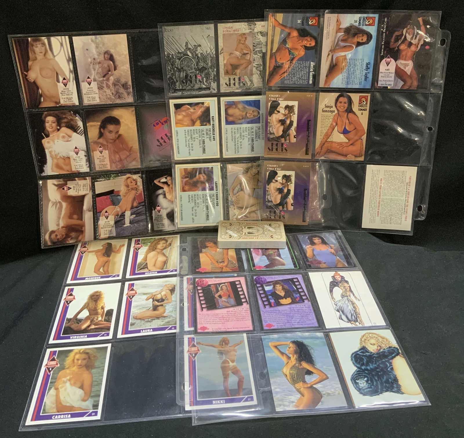 Lot 30+ 1990s Nude & Semi Nude Trading Cards+: Lot includes, 15+ 1993 Hot Shots adult trading cards, 10+ 1994 Bench Warmer, 5+ 1992 Clubhouse Diamonds, 1993 M.J. Peter Club Managements, 5+ 1993 Endless Summers & much more. Cards come in protective