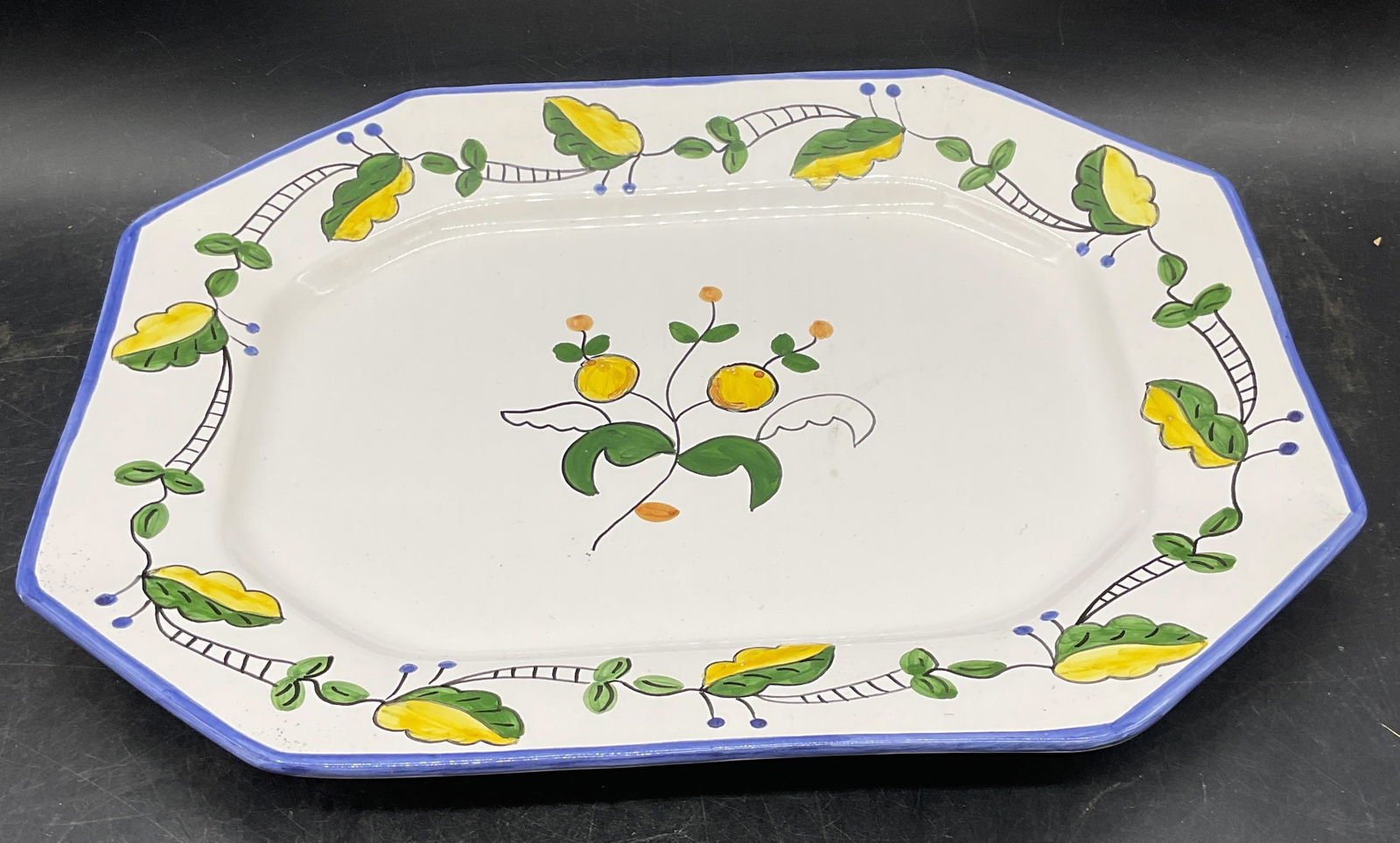 Casafina Ceramic Floral Platter, Portugal: Signed Casafina hand painted ceramic platter with floral design. Made in Portugal. Measures approx 14 x 11 inches. Some scratching. Casafina platter, ceramic platter, floral platter, tableware, table