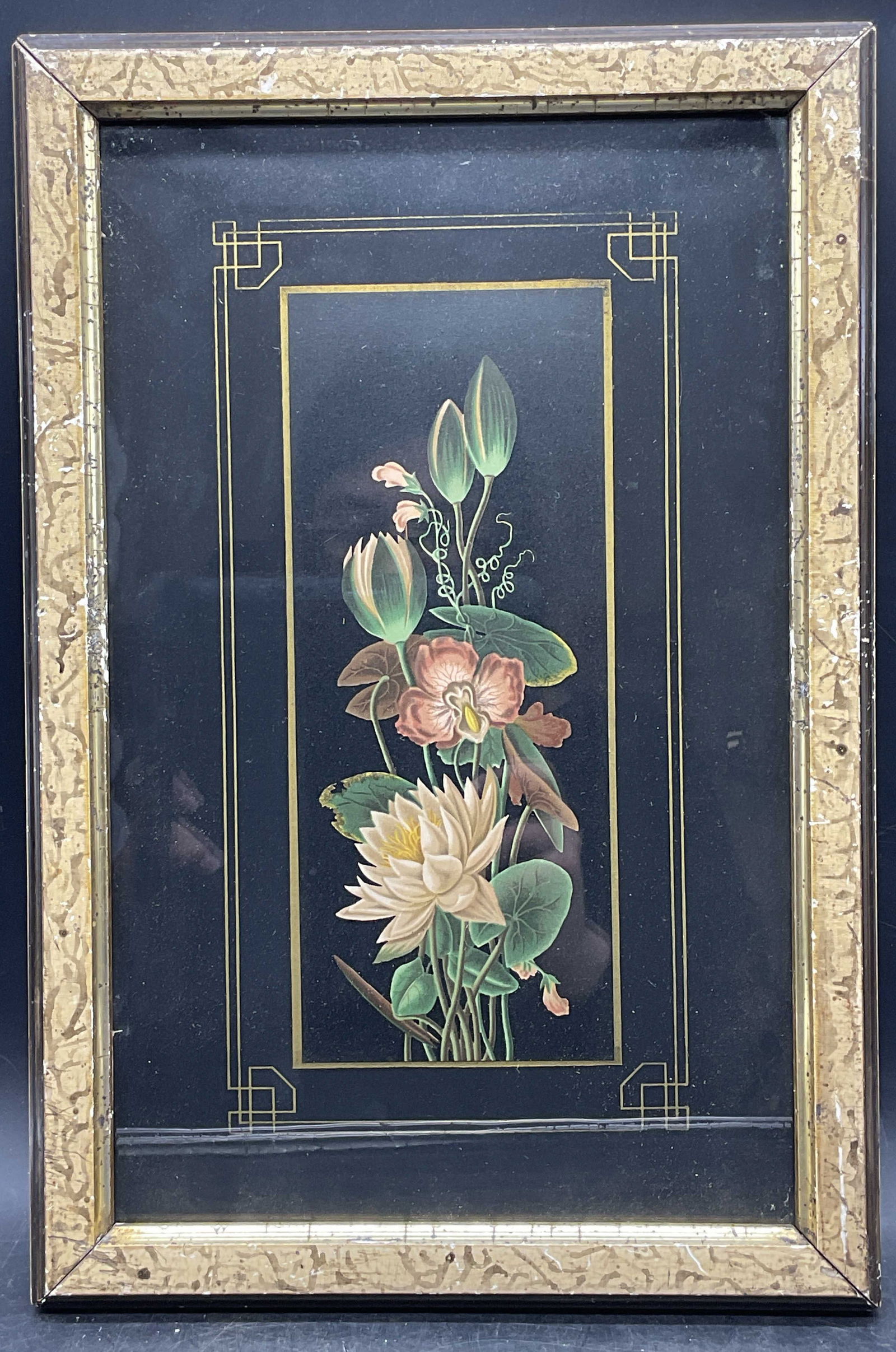 Framed Gilt Still Life Flowers Lithograph: Framed lithograph with decorative gilt mat. Still life with flowers in pink and white. Marbled wood frame. Not examined out of frame. Frame measures approx 15 x 10 inches. Some scratching to frame. Ar