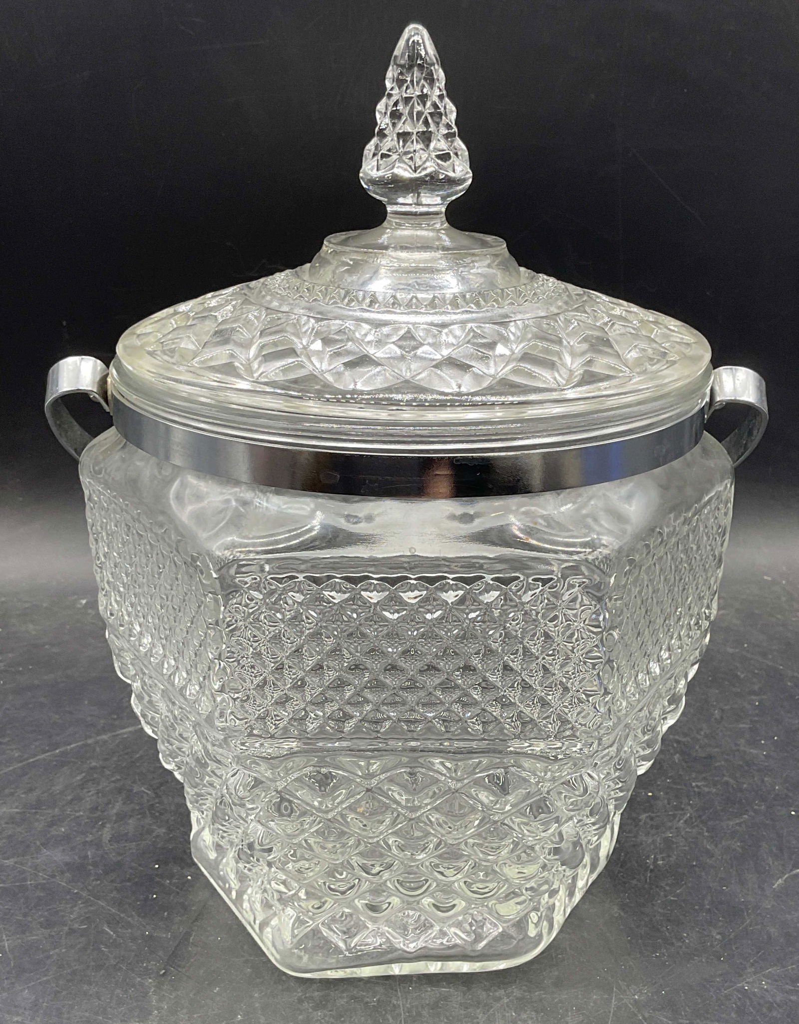 Glass Lidded Diamond Pattern Ice Bucket: Glass ice bucket with lid and handle. Raised diamond pattern. Measures approx 8 x 10.5 inches. Some scratching. Ice bucket, lidded ice bucket, glass ice bucket, Barware, bar accessories, homewares, ho