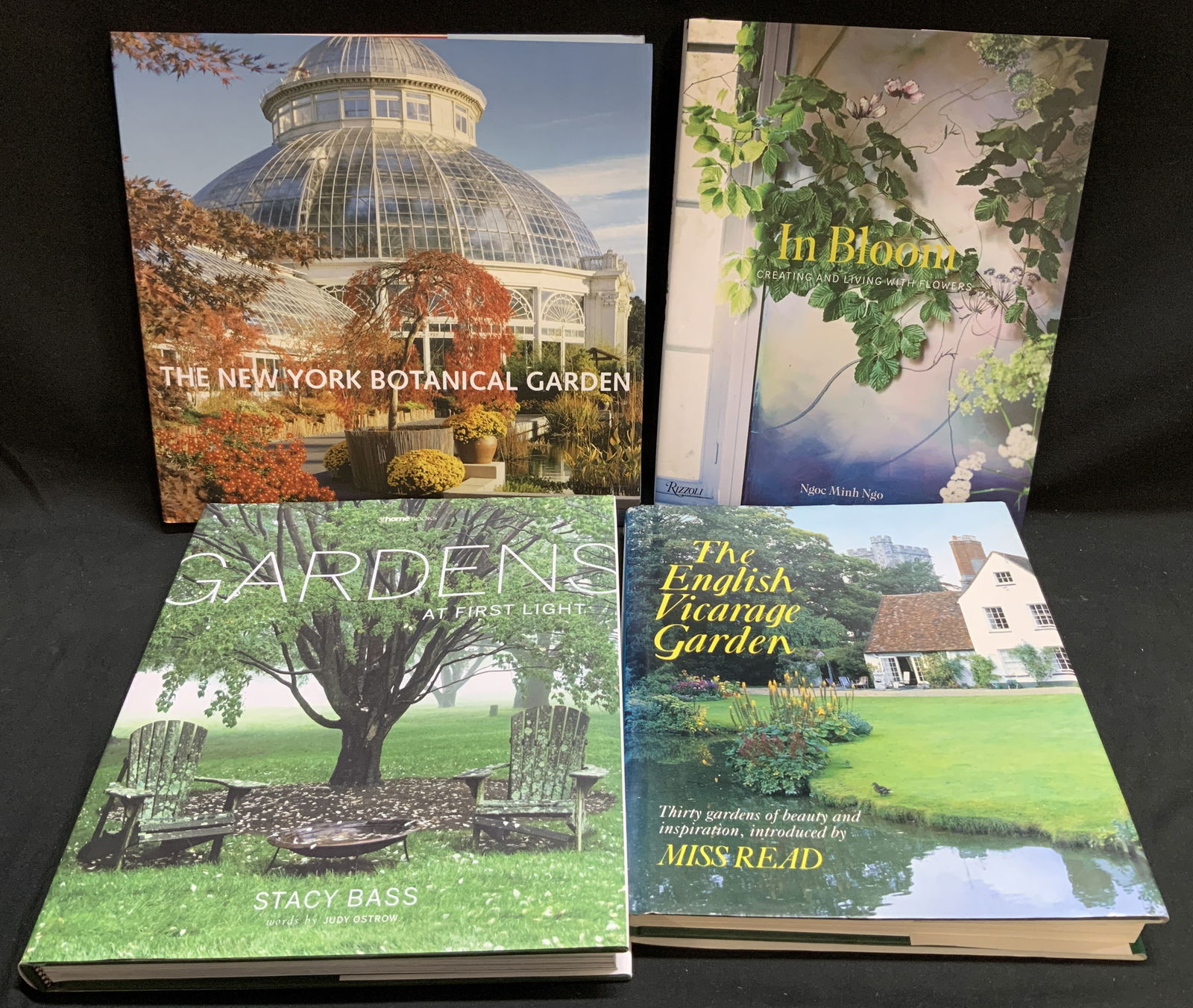 Lot 4 1988-2000s Garden Photograph Bks READ: Lot includes, The English Vicarage Garden by Miss Read (first published 1988), Gardens at First Light by Stacy Bass (2015 printed in Canada), In Bloom Creating & Living with Flowers by Ngoc Minh Ngo (
