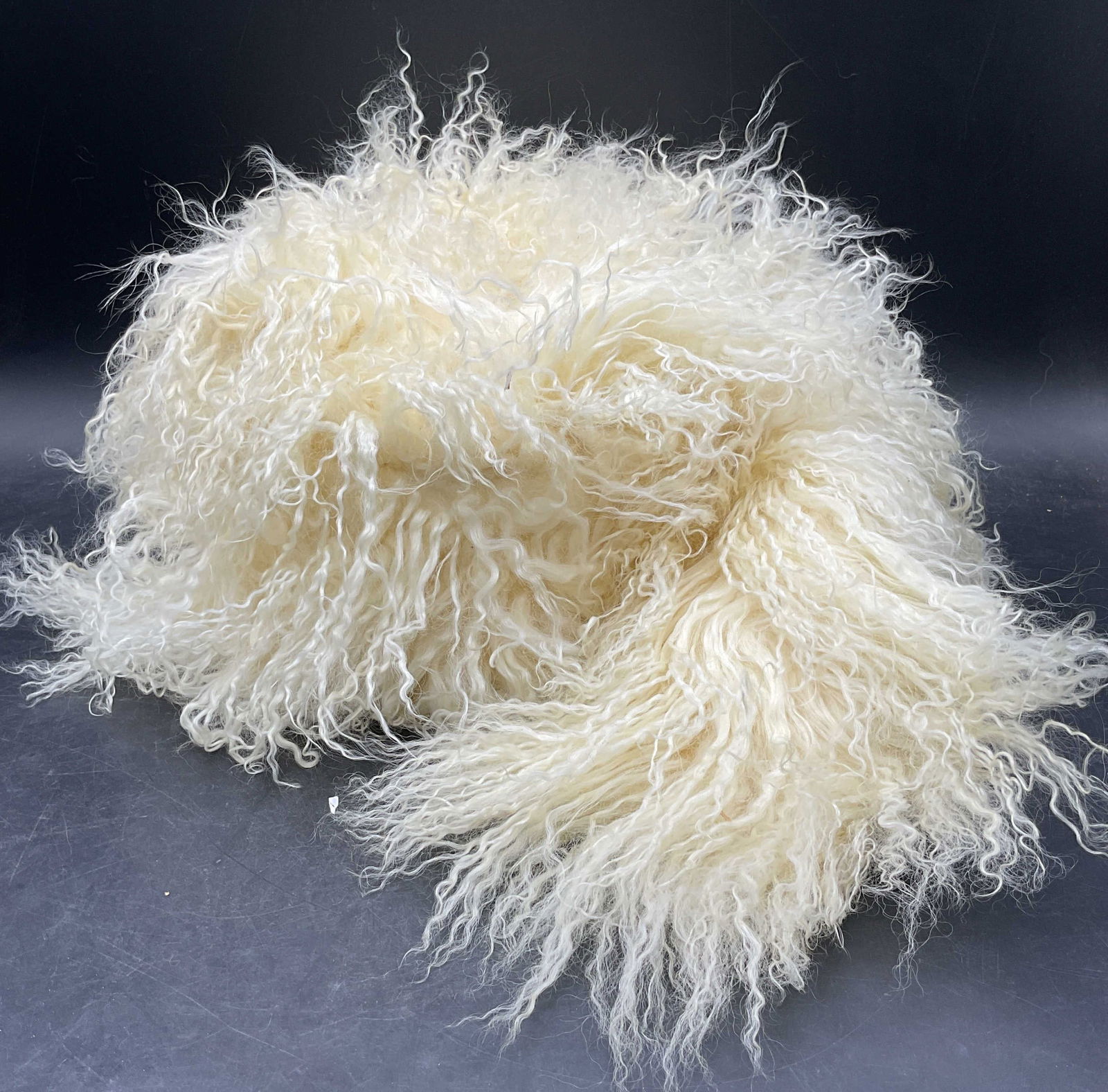 Vintage White Wool Fur Scarf W Box: Vintage white long wool curly fur scarf. Measures approx 58 inches long. Includes hat box, as is. Wear including residue. Property of opera singers estate from the renowned and opulent Manhattan landm