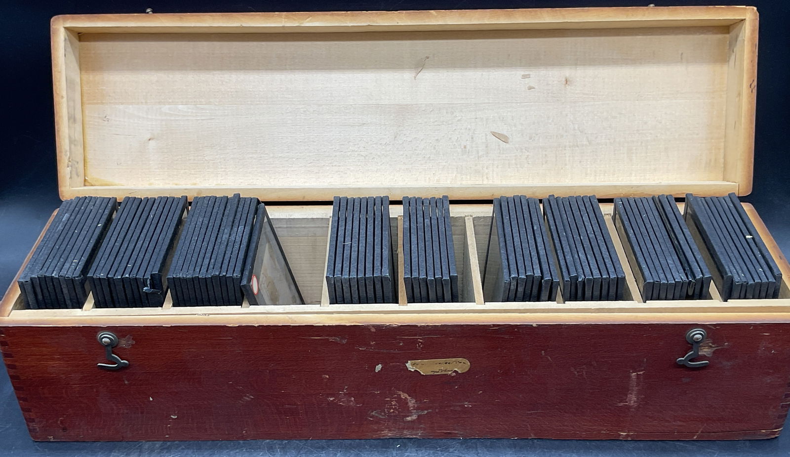 Group 20+ Vintage Architecture Glass Slides: Group lot of 20+ pieces of vintage architectural and historical glass slides. Measure approx 4 x 3.25 inches. Includes wood box. Property of Upper East Side French stage and screen actors estate, Manh