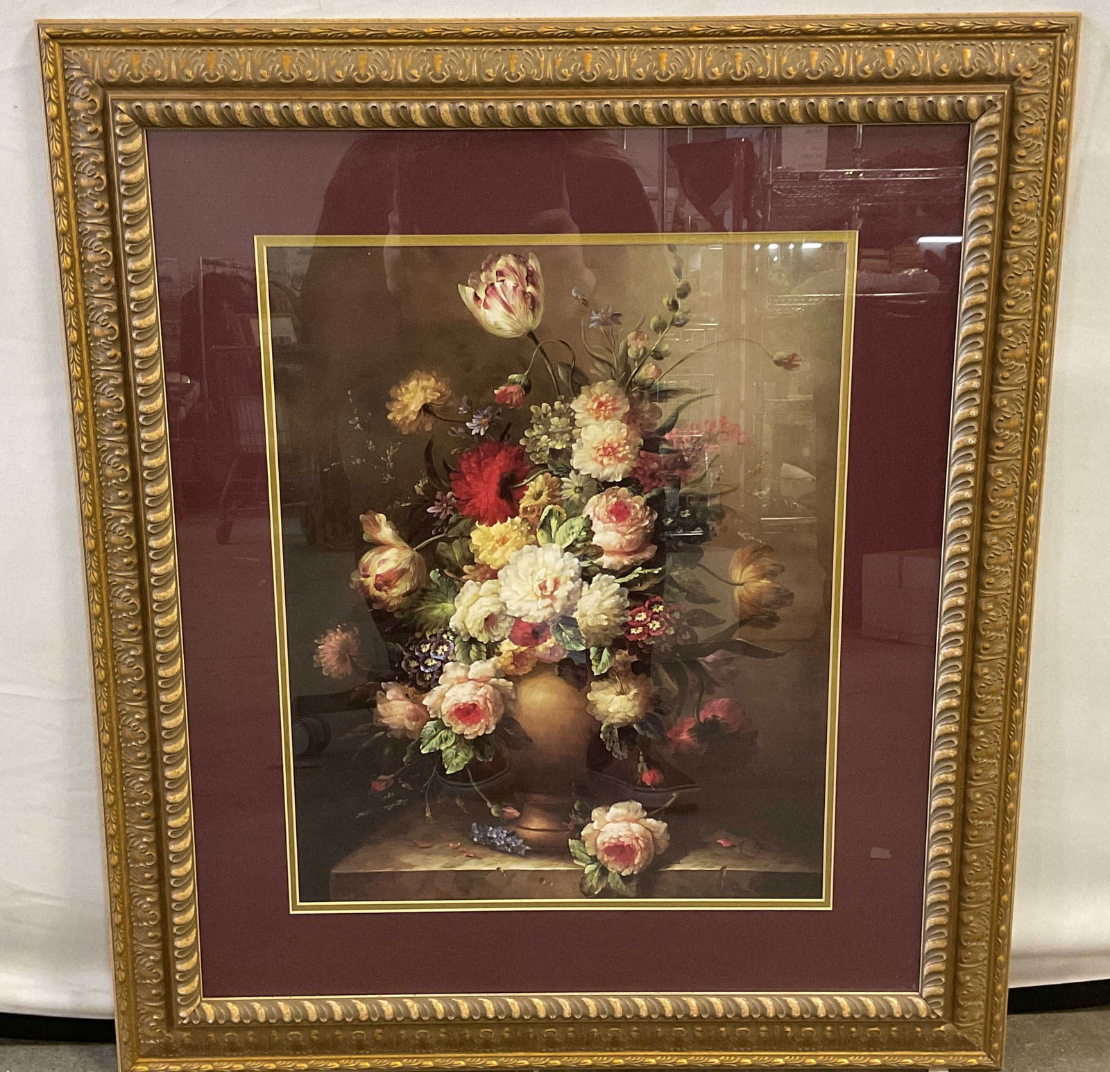 Frmd After Dante Still Life Flowers Lithograph 33i: Framed and matted lithograph. After Dante, signature in print lower right. Still life with bouquet of flowers in vase. Ornate gilt woof frame. Not examined out of frame. Frame measures approx 33.5 x 2