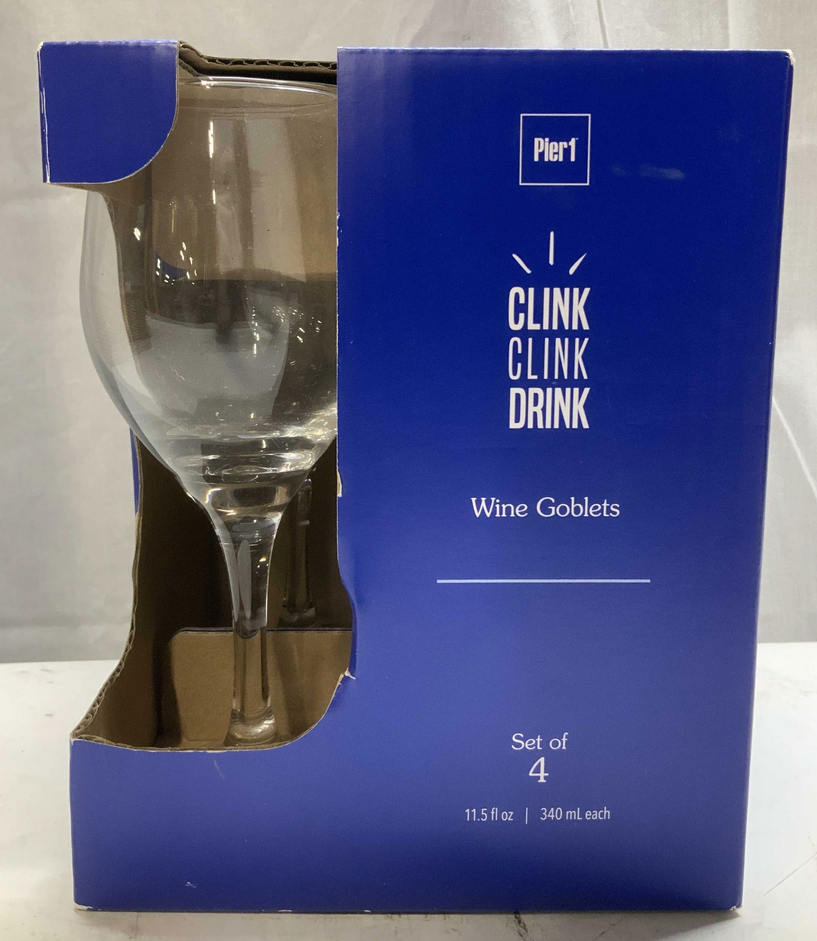 Set of 4 Pier 1 Wine Glass Goblets W Box: Lot includes, set of 4 Pier 1 wine glass goblets with original box. Signed & marked. Reads, PIER 1. Surface wear consistent to age, use & exposure. Measurements: length Pier 1 wine glass goblets, pier