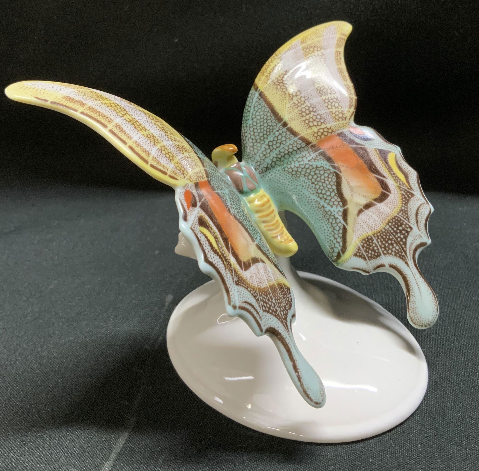 Vtg Rosenthal Hand Painted Butterfly Fig GERMANY: Vintage Rosenthal porcelain butterfly figurine with hand painted multicolored wings. Round porcelain base. Signed & marked on underside. Reads, ROSENTHAL GERMANY U.S. ZONE. Surface wear consistent to