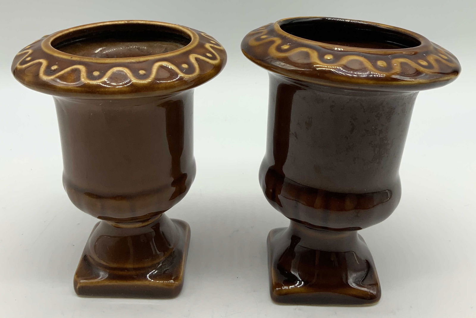 Pair Vtg Brown Glazed Urn Ceramic Planters (1 of 6)