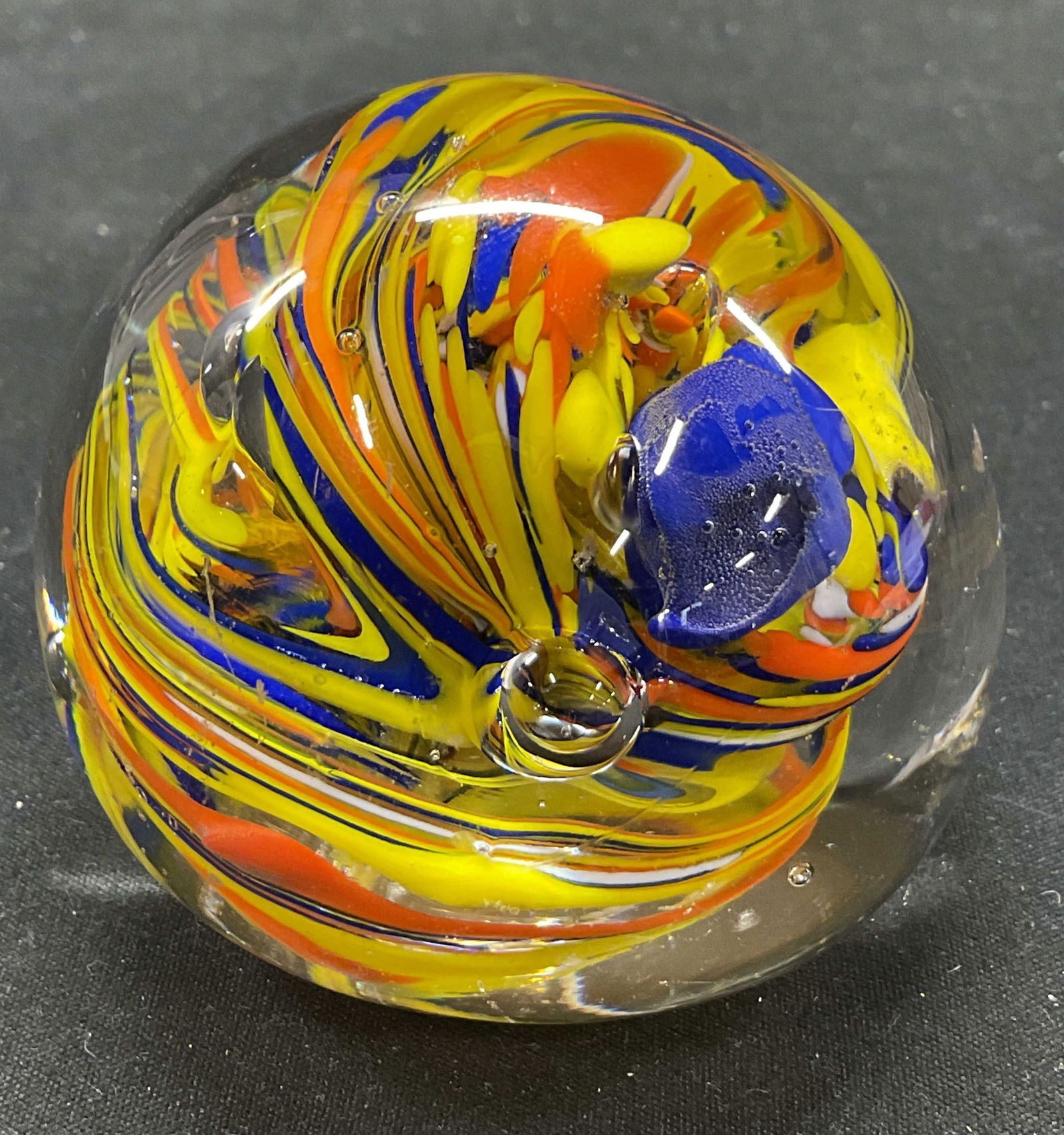 Vtg MURANO Style Hand Blown Glass Paperweight: Vintage Murano style hand blown glass paperweight. Multicolor glass ball paper weight. Flat underside. 2 x 2.25 inches. Some surface wear consistent with exposure. MURANO style, colorful glass ball, g