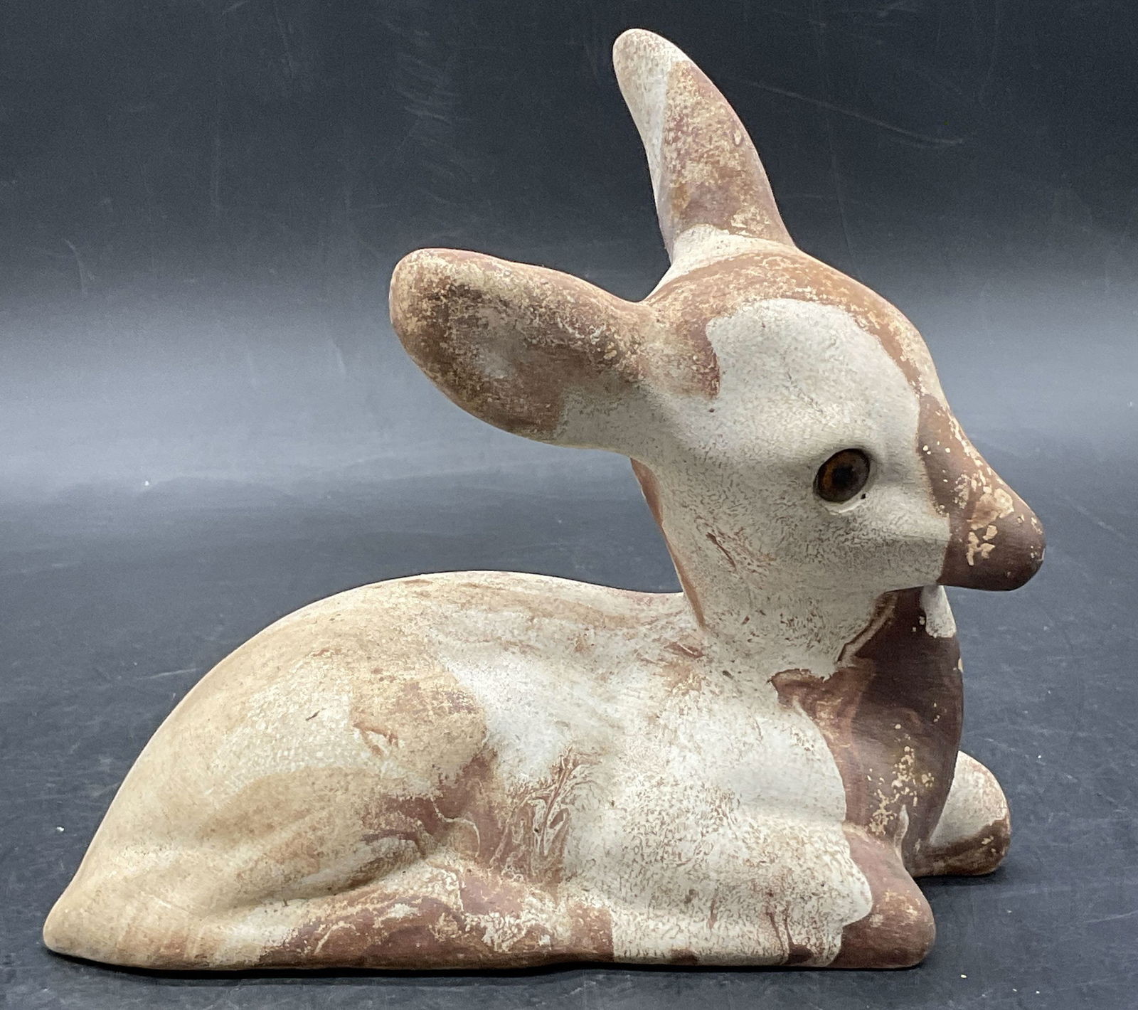 Vintage Brown & White Marbled Ceramic Deer Figural: Vintage Brown & White Marbled Ceramic Deer Figural with Brown Eyes. Measures approx. 6H x 6.25W in. Surface wear, discoloration, and chipping present. home decor, home accents, homewares,