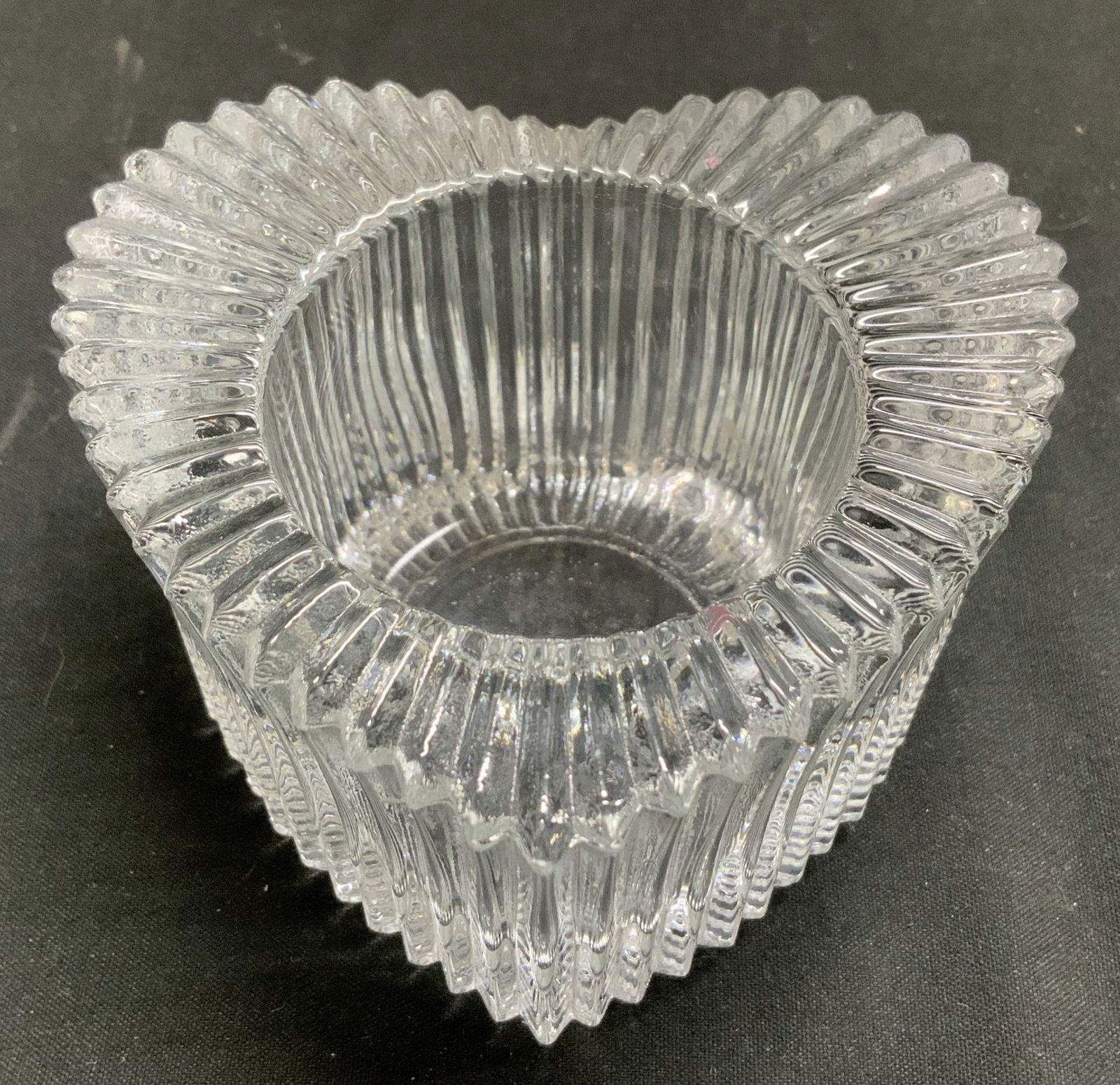 Vtg Heart Shaped Ribbed Glass Candle Holder: Vintage heart-shaped clear glass candle holder features a ribbed & textured design. Surface wear consistent to age, use & exposure. Property of opera singers estate from the renowned & opulent Manhatt