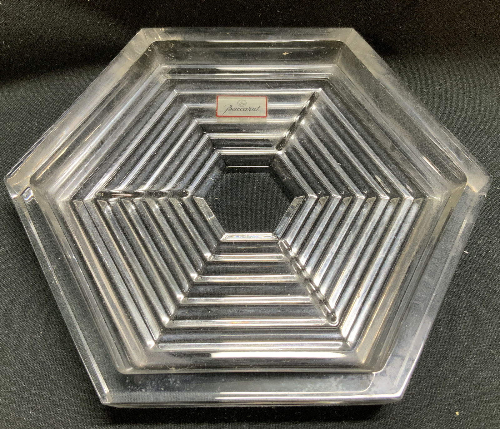 Baccarat Crystal Wine Bottle Coaster FRANCE: Baccarat crystal wine bottle coaster features a hexagonal shape with a ribbed design on underside. Property of Upper East Side French stage and screen actors estate, Manhattan. Signed & marked on