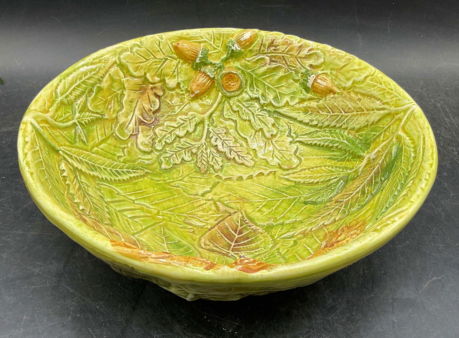 Vtg CASAFINA Oak Leaf Acorn Ceramic Bowl: Vintage CASAFINA ceramic bowl. Oak leaf and acorn pattern. Hand glazed green and brown. Measures approx 9.75 x 3.75 inches. Unsigned. Some chipping. CASAFINA bowl, ceramic bowl, green bowl, oak