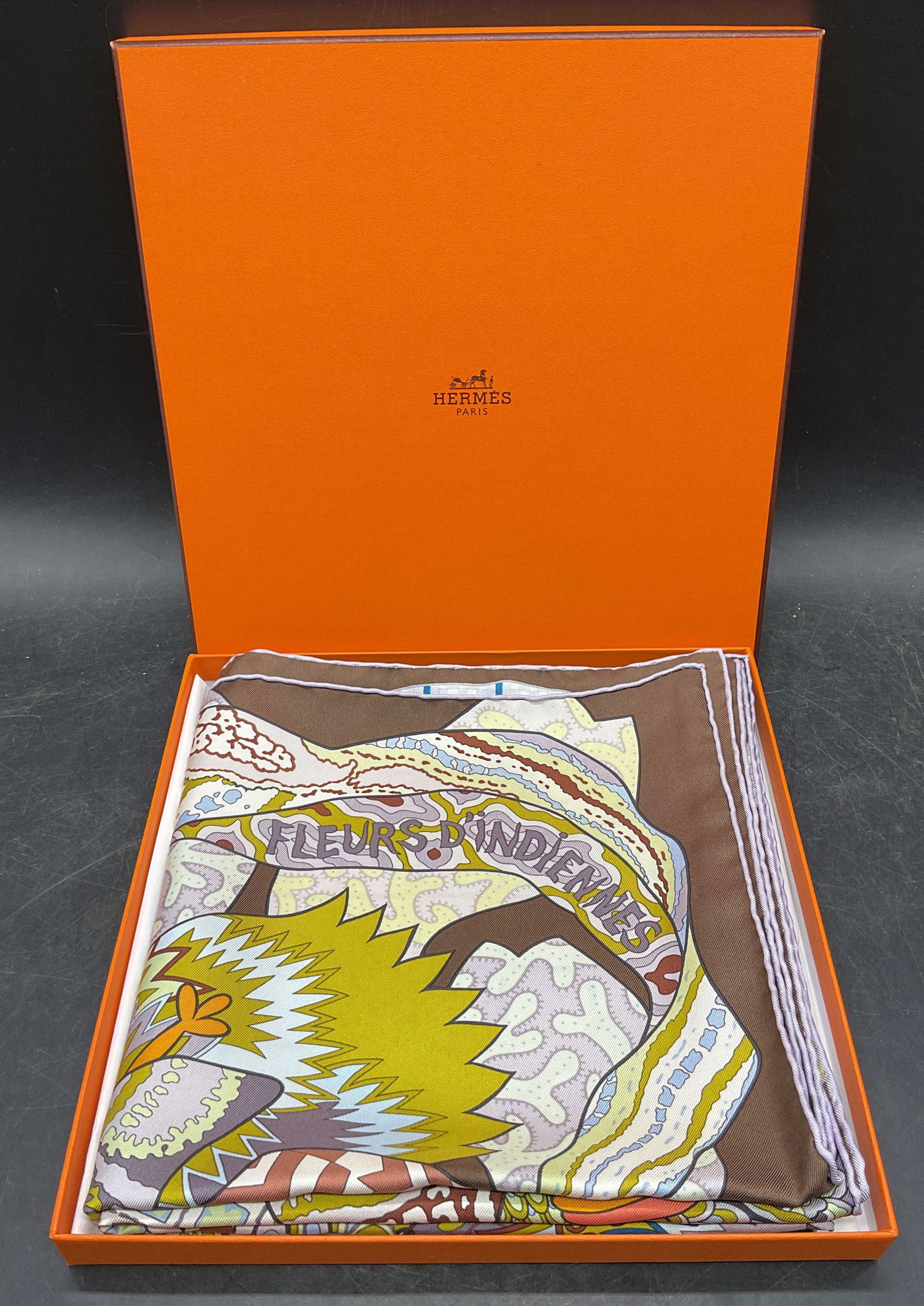 Hermes Fleurs D Indiennes Silk Scarf NIB France: Hermes silk scarf. Fleurs D Indiennes pattern designed by Hermes artist Aline Honore. Intricate floral design. Hand rolled edges. Signed. Made in France. Measures approx 35 x 35 inches. New in origina