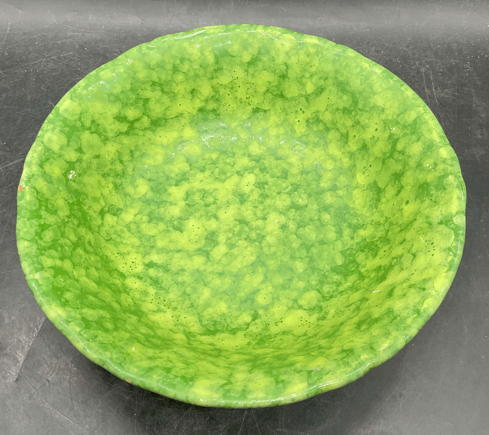 Green Speckled Terracotta Pottery Bowl: Green speckled hand painted terracotta pottery bowl. Measures approx 9.75 x 2.75 inches. Some losses to glaze. Green bowl, pottery bowl, ceramic bowl, terracotta bowl, home decor, home accessories, ta