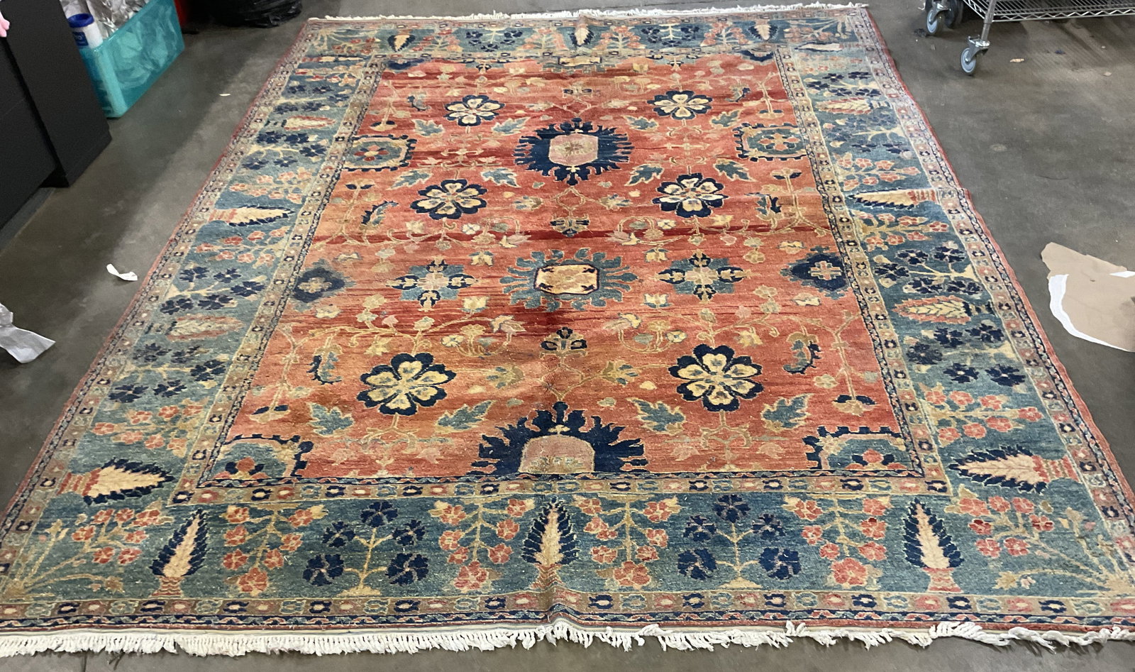 Vintage Persian Oushak Style Wool Rug: Vintage Persian Oushak style wool area rug. Ornate floral pattern in red and blue. Measures approx 139 x 110 inches. Wear including discoloration and losses. Rug, Vintage rug, Persian style rug, wool