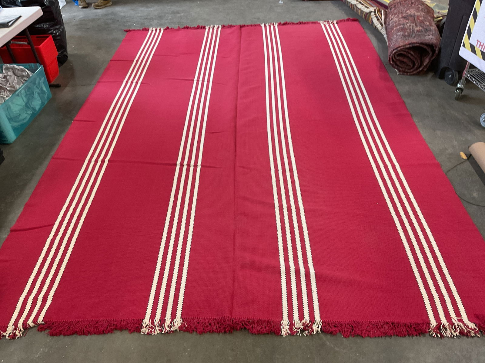 Woodard Weave Red & White Stripe Wool Rug USA: Signed Woodard Weaver red and white striped woven wool rug. Made in USA. Measures approx 13 feet x 97 inches. Some blemishes. Wool rug, striped rug, red rug, Woodard rug, home decor, home accessories,