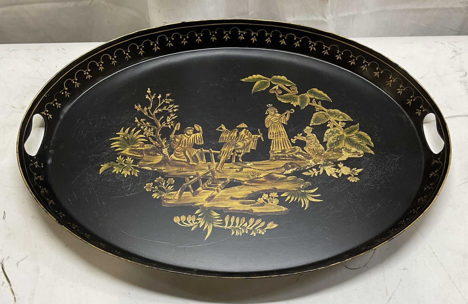 Vntg Gilt Hand Painted Chinoiserie Tole Tray 23in (1 of 6)