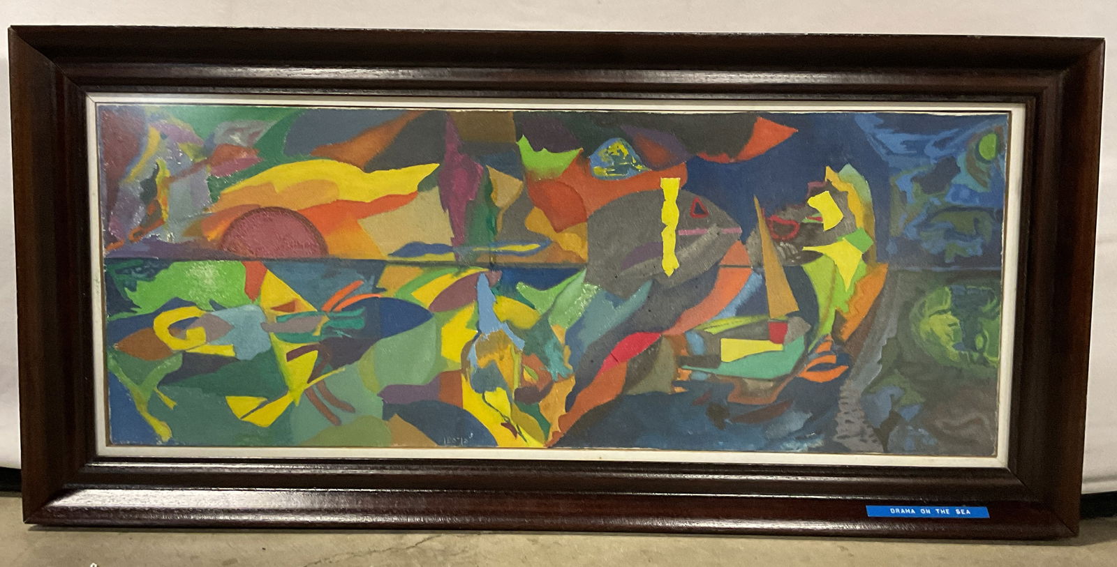 Sgn Cohen Israel Drama on the Sea Oil Painting 32i: Framed oil on canvas painting. Signed and titled in English and Hebrew on the verso, appears Yehuda Ben Cohen (Israeli), Drama on the Sea. Abstract seascape in vibrant palette of blue, green, red, and