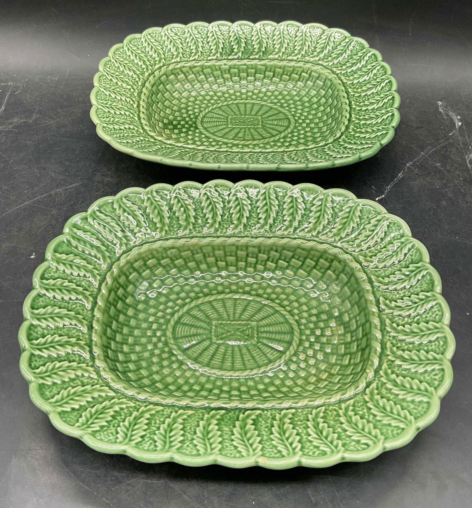 Pair Bordallo Pinheiro Ceramic Basket Weave Bowls (1 of 7)