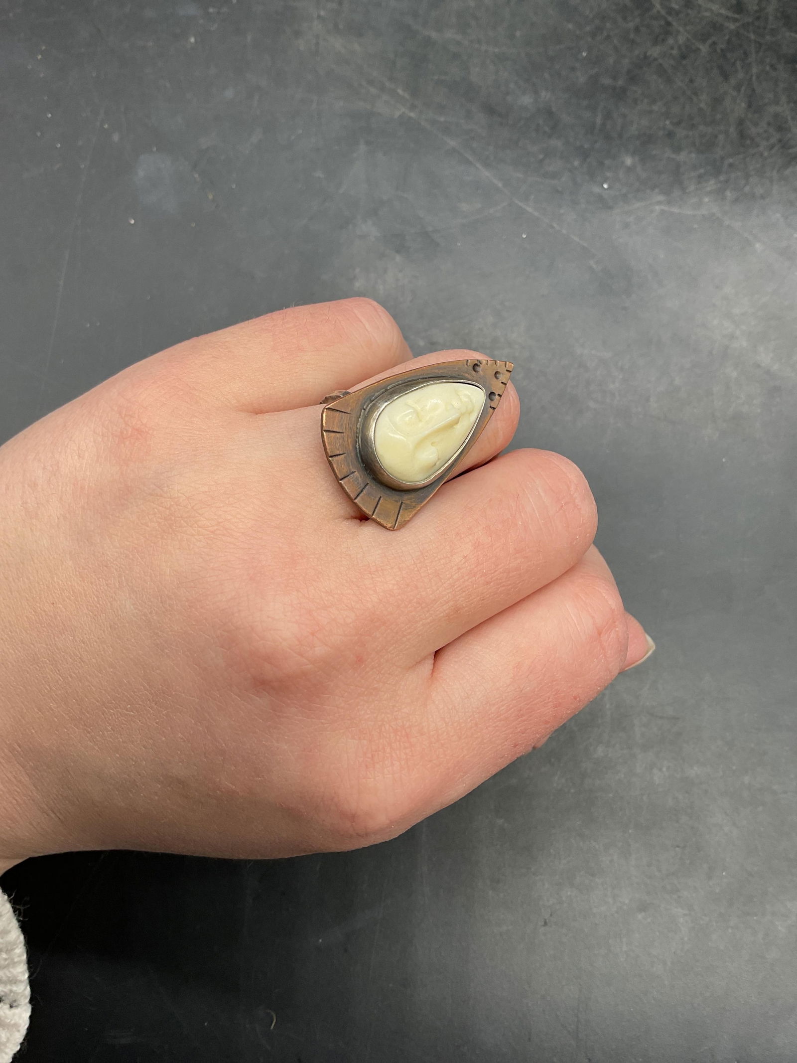 Signed Sterling Silver Carved Face Ring - 6