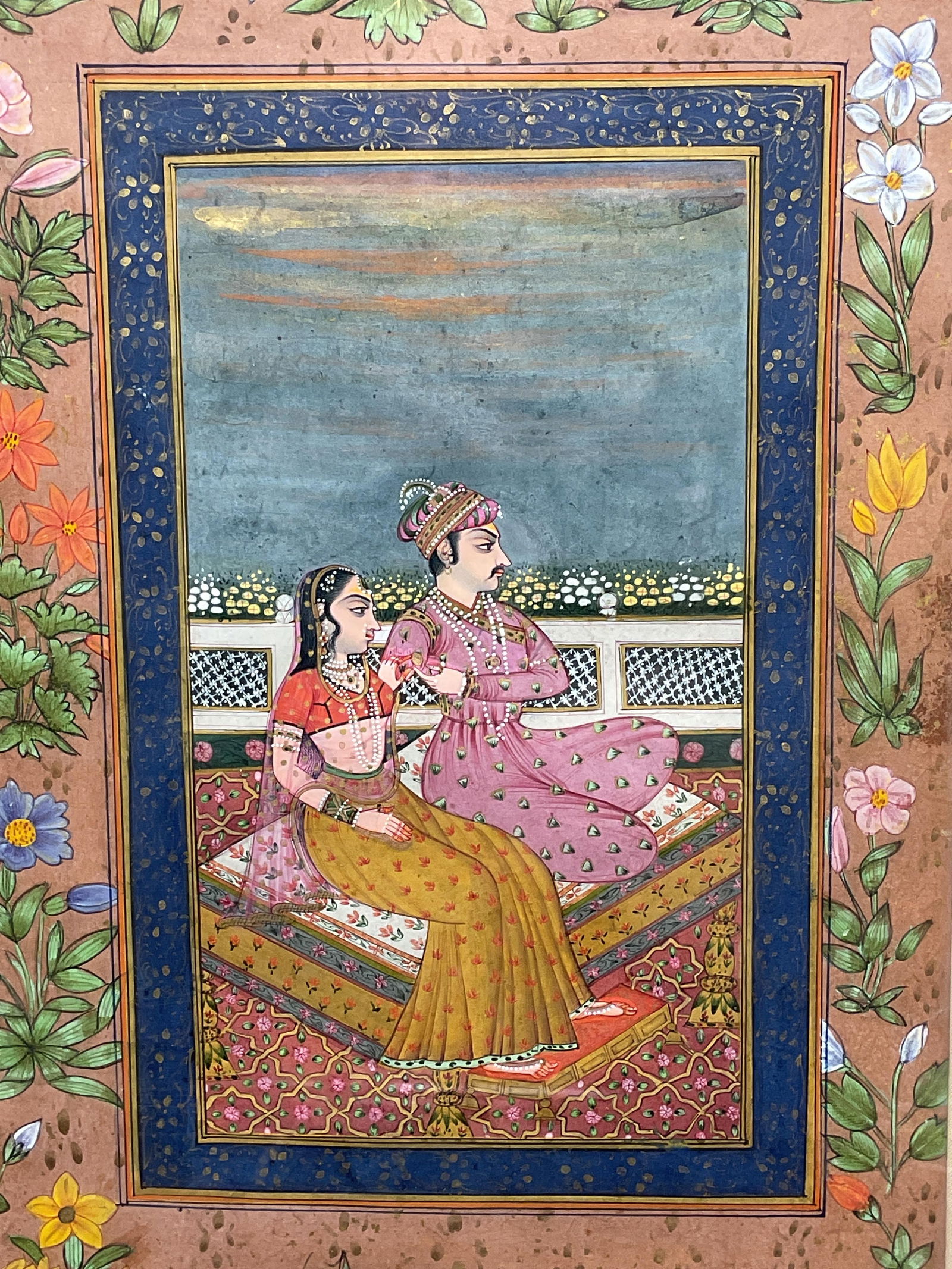 Framed Mughal Miniature Romance Scene Painting (1 of 6)