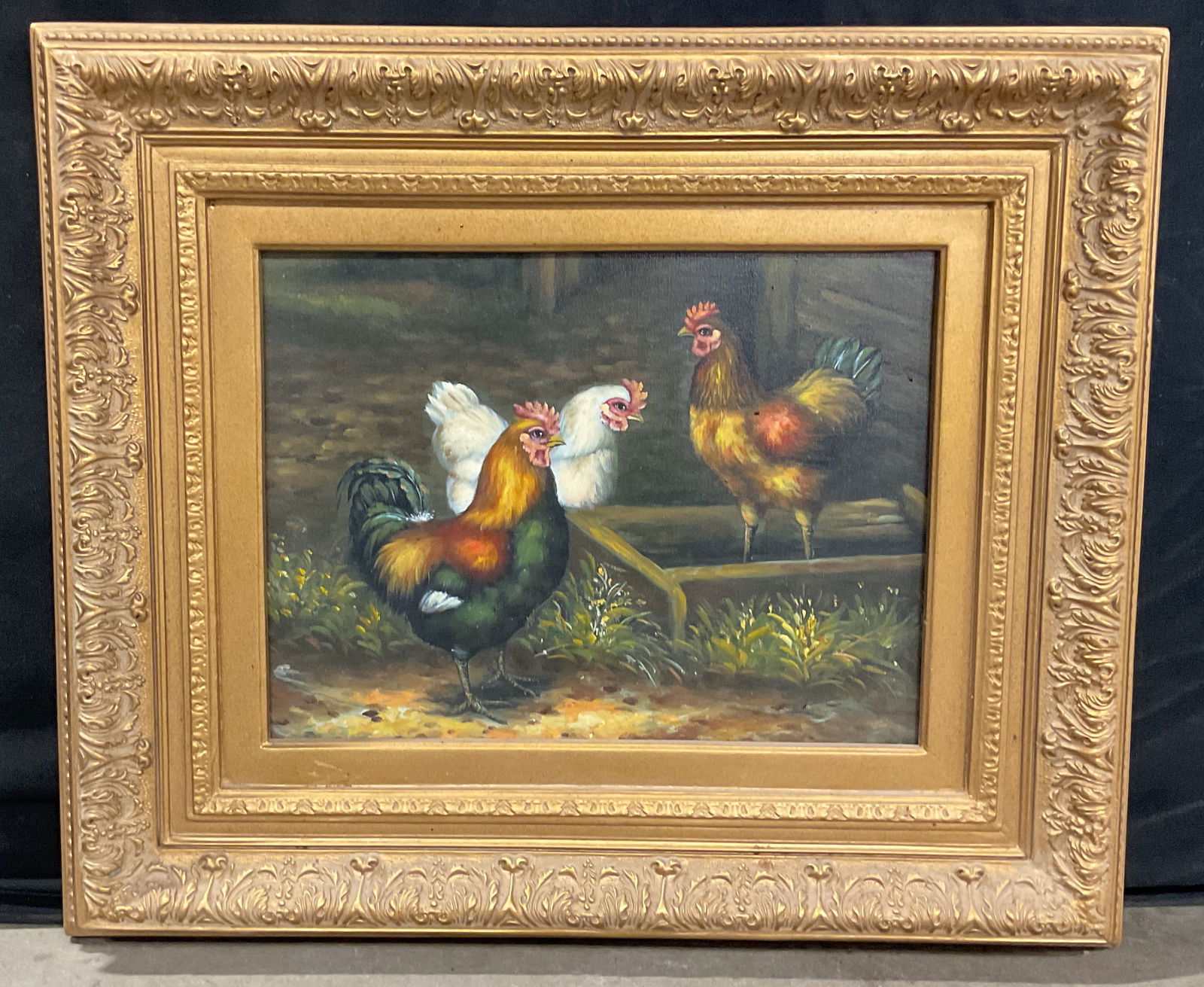 Framed Roosters Chicken Oil Painting (1 of 6)