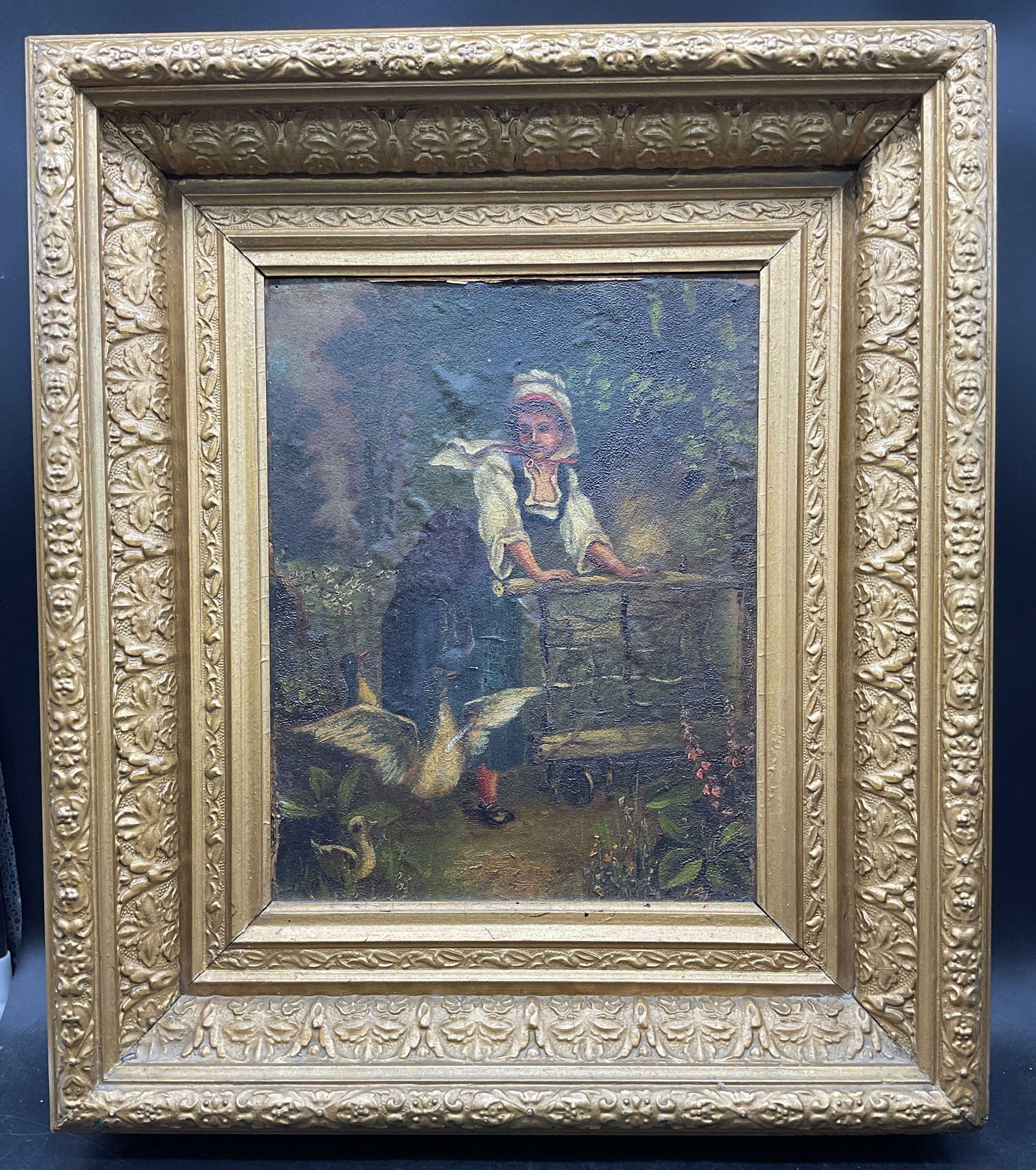 Antique Pastoral Woman Ducks Oil Painting (1 of 6)