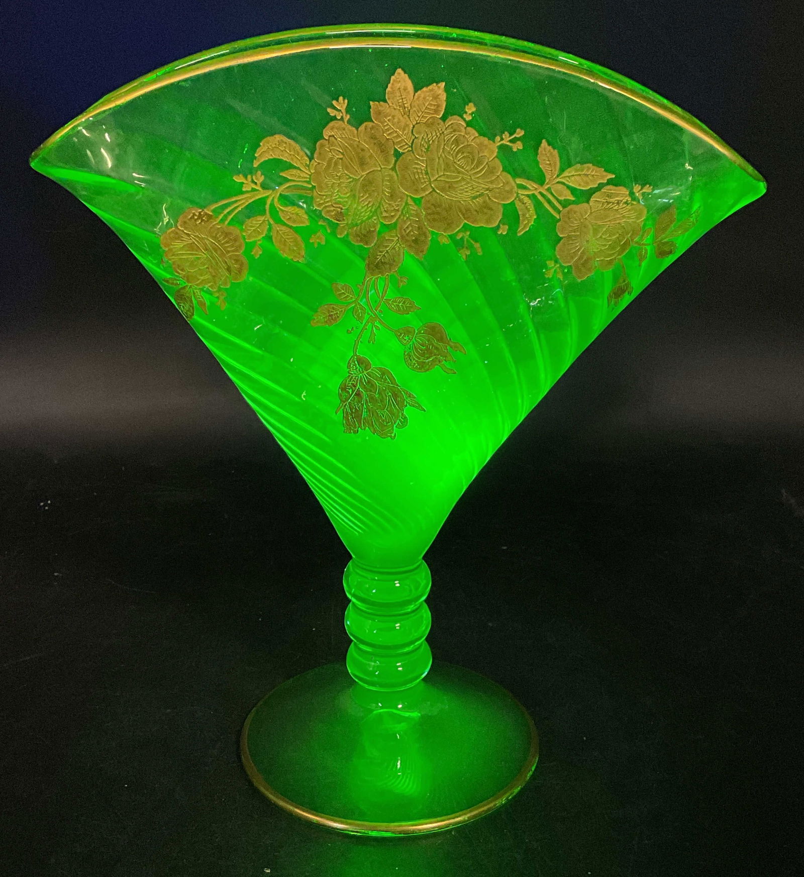 Vintage Uranium Glass Gilt Floral Fan Vase (1 of 7)