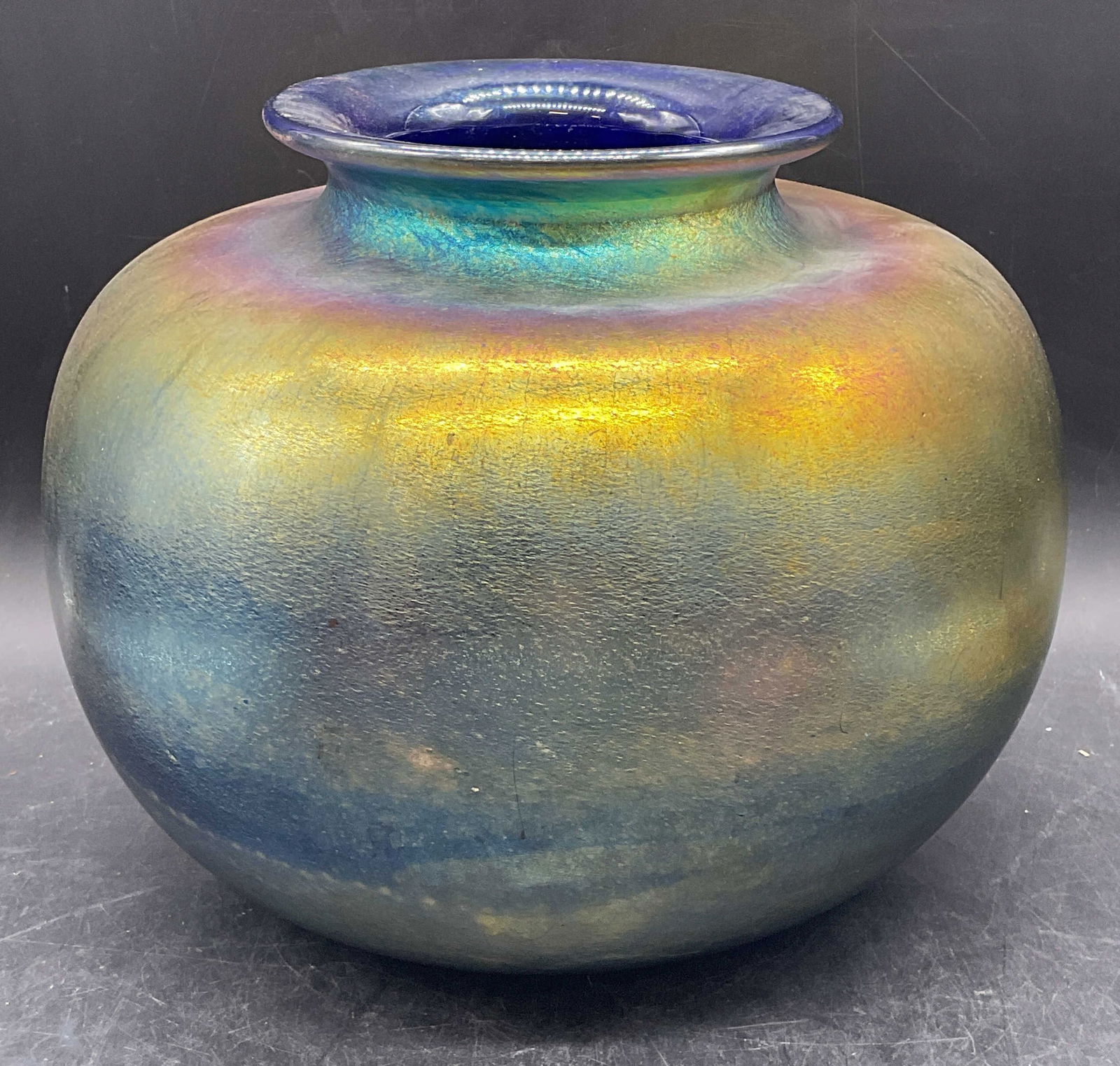 Hand Blown Iridescent Blue Green Art Glass Vase (1 of 6)