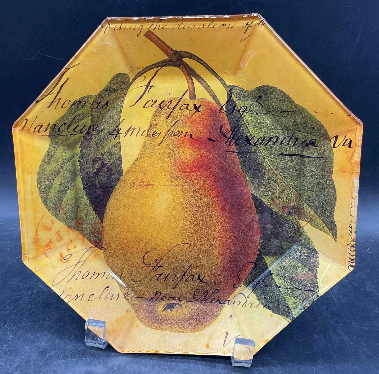 Signed 1997 Fairfax Pear Decoupage Glass Plate: Signed handmade artisan decoupage glass plate with Fairfax Pear pattern. Measures approx. 8.75 x 8.75 inches. Signed illegibly. Some scratching. Fairfax pear plate, pear plate, decoupage plate, glass