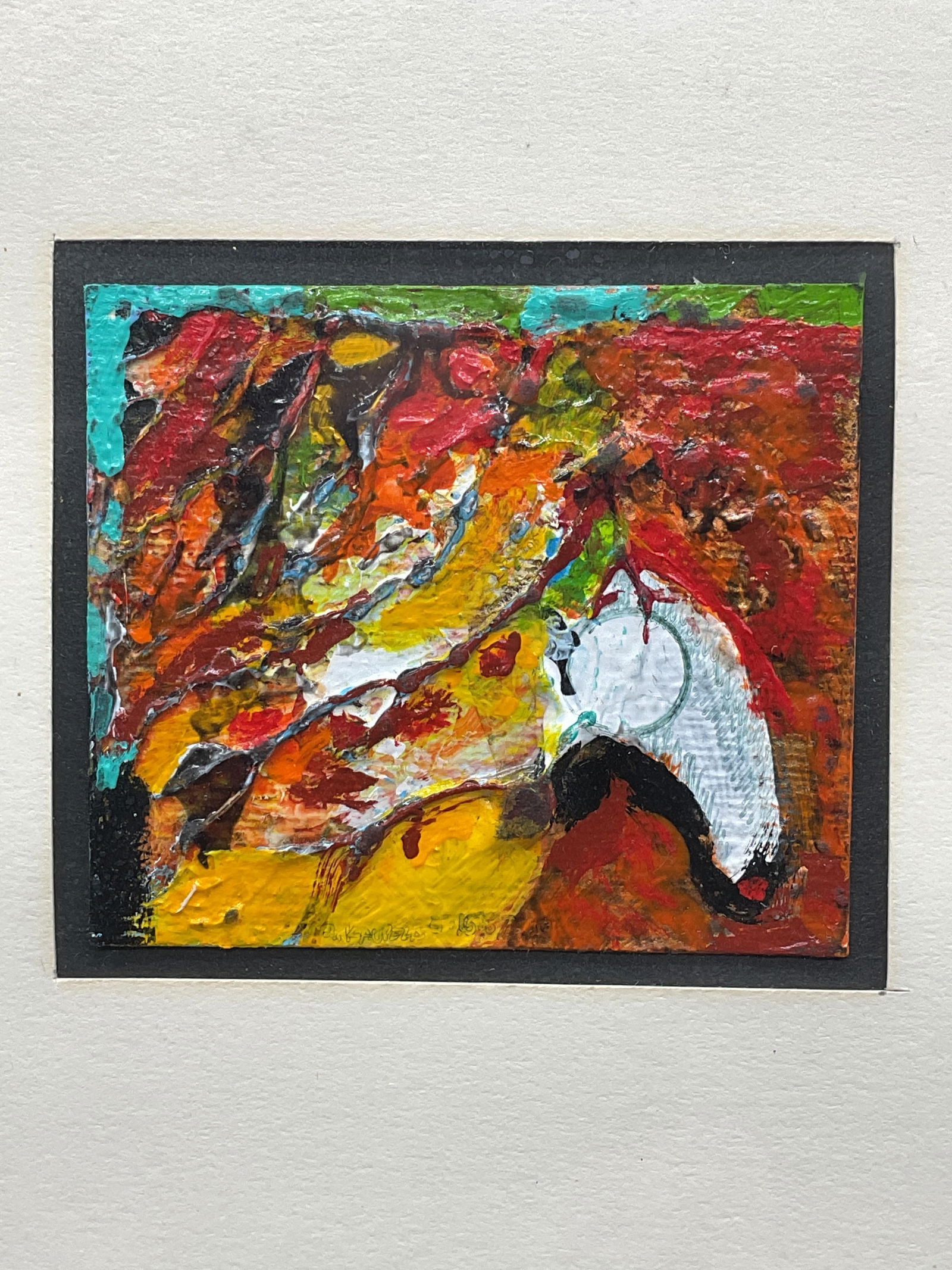 Framed Robert Kaupelis Abstract Acrylic Painting: Framed and matted acrylic painting on paper. Signed lower center and labeled on verso, Robert Kaupelis (American, 1928-2009). Abstract composition in red, yellow, and blue. White frame. Not examined o