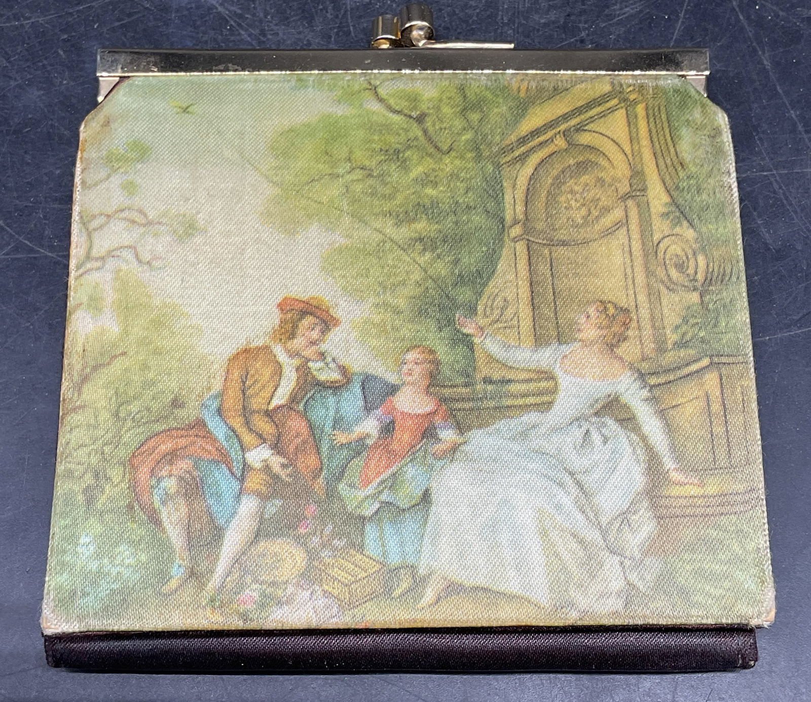Vintage FLAHS Silk Figural Print Wallet, Italy: Vintage FLAHS printed silk wallet with figural scene. Interior with slip pockets and coin purse. Made in Italy. Measures approx. 3.75 x 4 inches. Wear including discoloration and losses to fabric. Pro