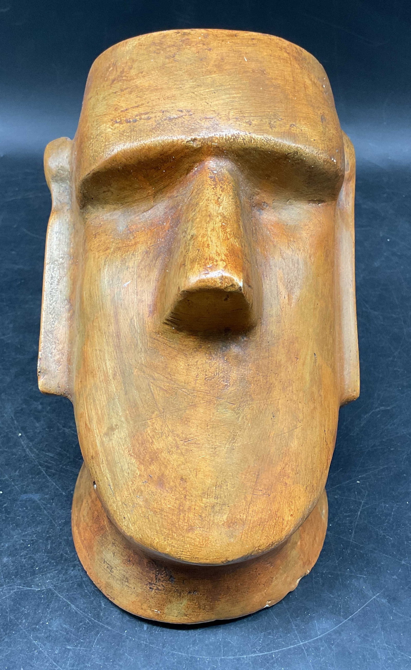 Vintage Moai Style Plaster Head Sculpture, Mexico: Vintage Moai style plaster head sculpture. Glazed brown. Made in Mexico. Measures approx. 5 x 7 x 7 inches. Piece has weight. Some scratching. Moai head, head sculpture, home decor, home accessories, 