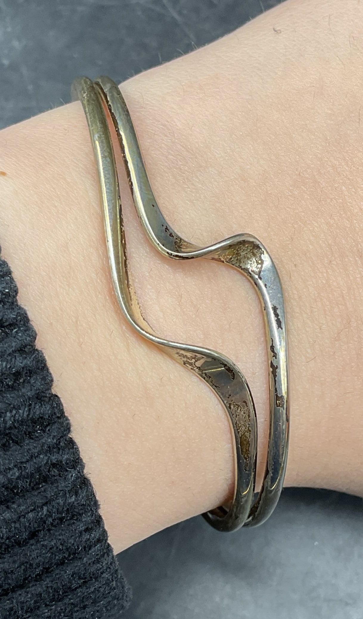 Vintage Sterling Silver Wave Cuff Bracelet: Vintage sterling silver double wave cuff bracelet. Marked sterling. Measures approx. 2.5 inches wide. Total weight 15.7 grams. Some scratching. Jewelry, estate jewelry, fine jewelry, cocktail jewelry,